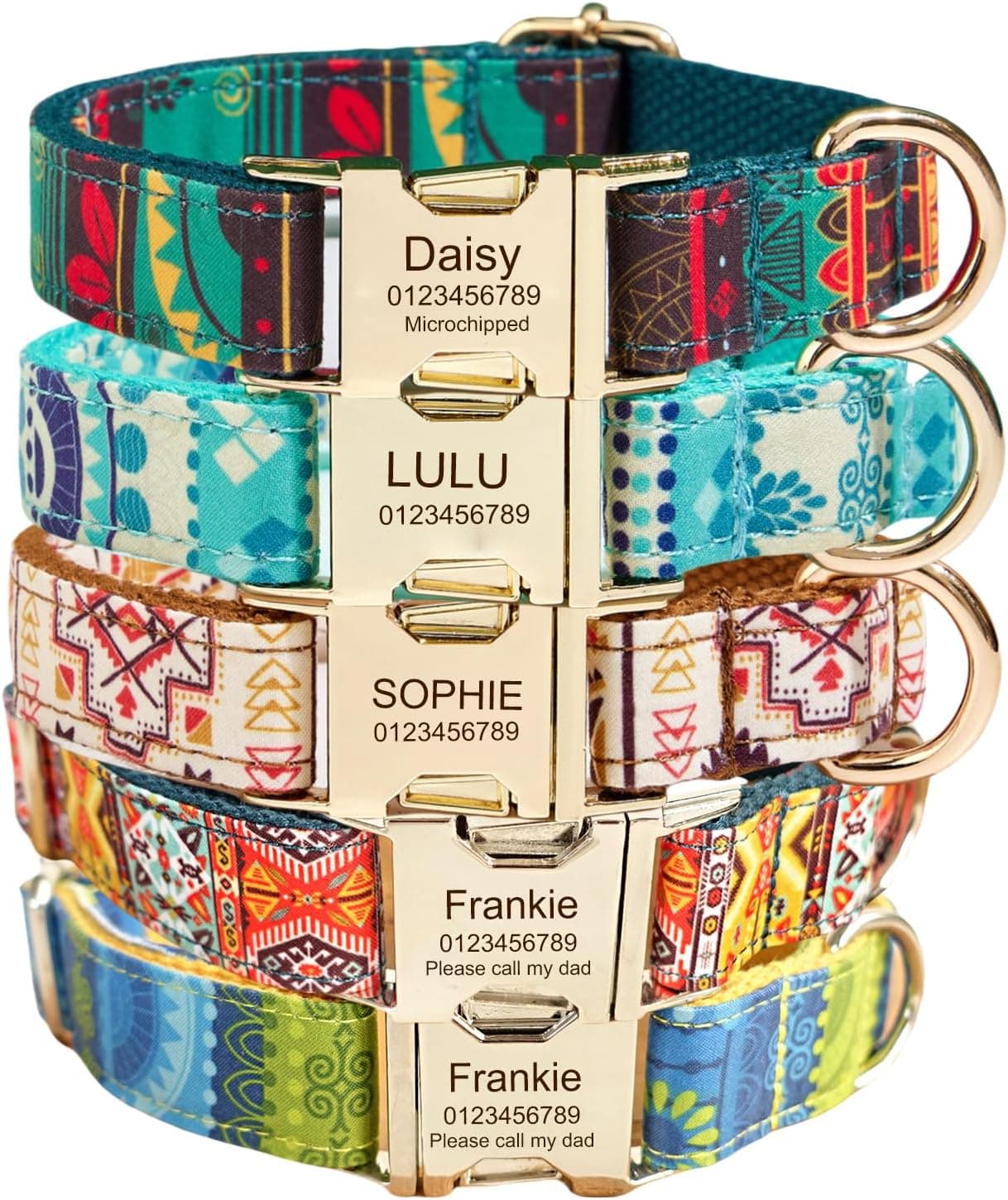 Collar de perro grabado personalizado con nombre y número de teléfono, personalizado para perros pequeños, medianos y grandes (bohemio)