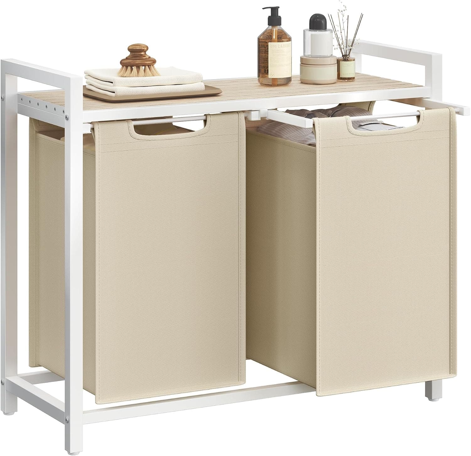 VASAGLE Cesto para Ropa Sucia, Cesta Colada, 2 Bolsas de Tela Oxford Extraíble y Desmontable, Estante, Marco Metálico, 2 x 46 L, 73 x 33 x 72 cm, Beige Capuchino y Beige Natural BLH201LH01