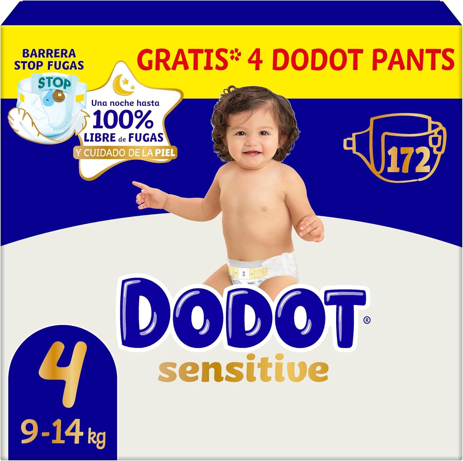 Dodot Pañales Bebé Sensitive Talla 4, 172 Pañales, 9kg - 14kg, Óptima Protección de la Piel de Dodot