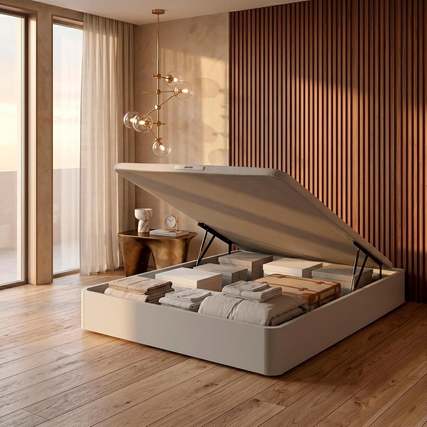 PIKOLIN Canapé Abatible de Madera con Gran Capacidad | Montaje y Retirada Usado Incluido | Esquinas Delanteras Redondeadas | 150x200 | Color Blanco | 32 cm Altura | AIRBOX