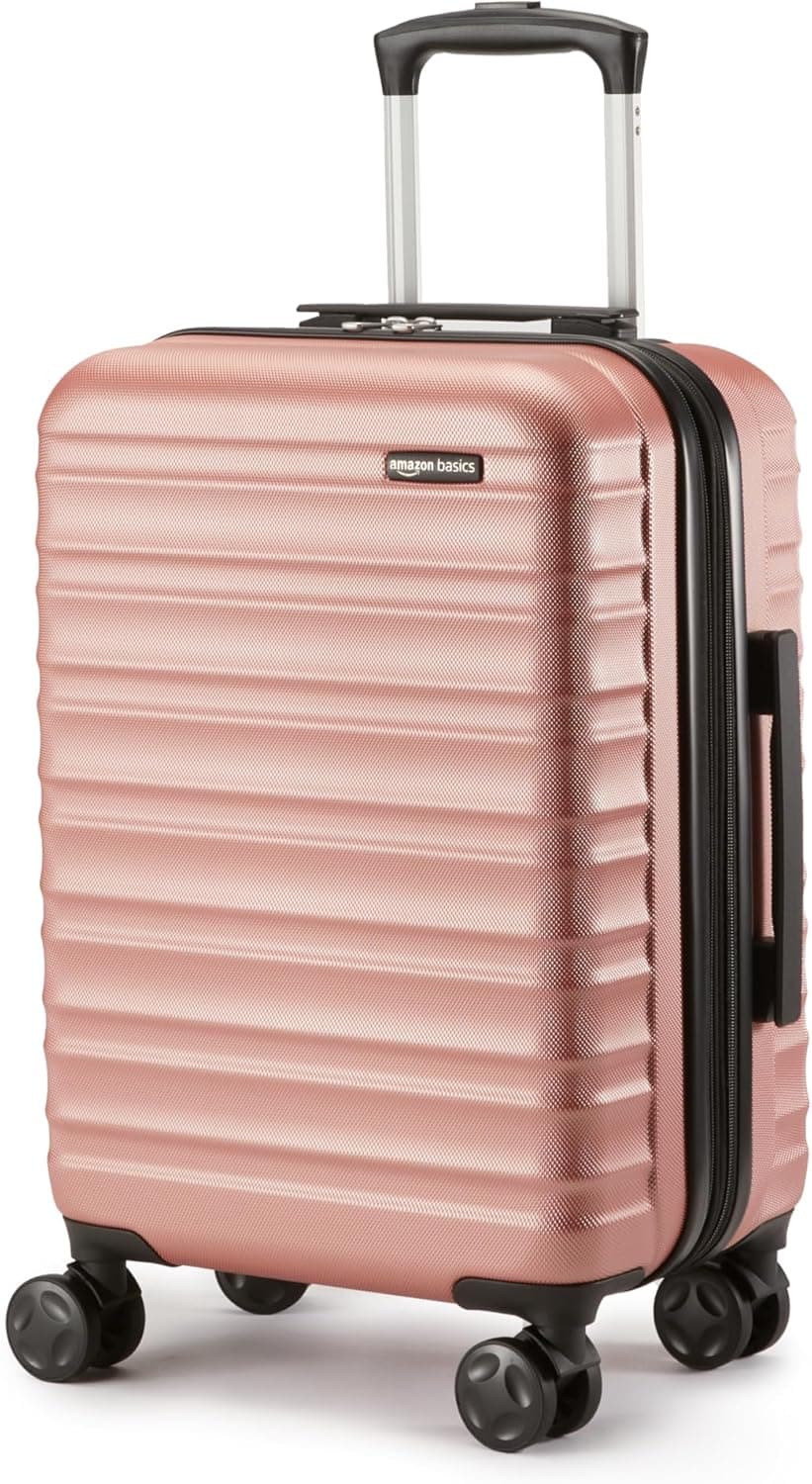 Amazon Basics Maleta Rígida Pequeña - Equipaje de Mano Extensible ABS con 4 Ruedas Dobles Giratorias - Resistente a Arañazos y Ligera - 55 x 37,5 x 25,5cm - Oro Rosa