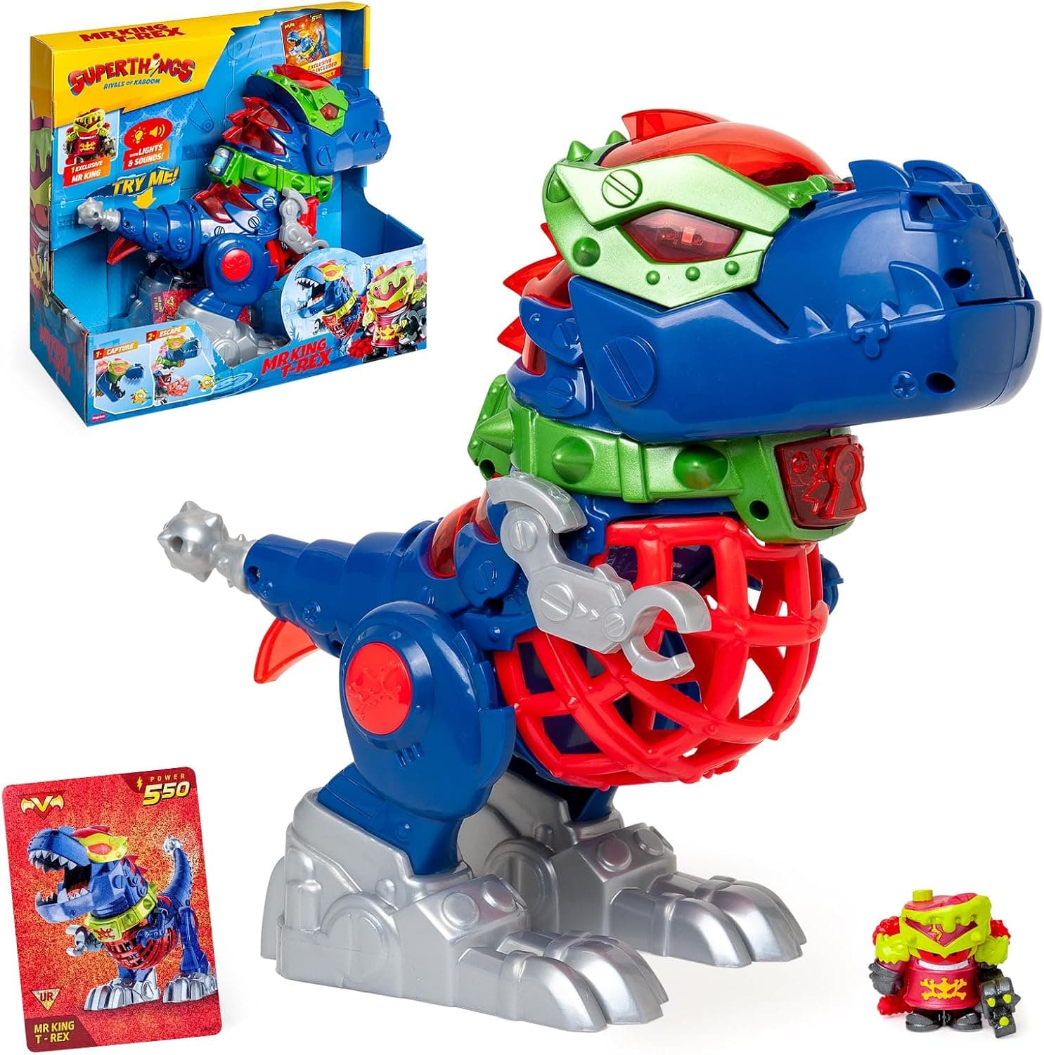 SUPERTHINGS – Mr King T-Rex.Robot en Forma de Dinosaurio de los Villanos de la Película.Con Luces y Sonidos. Pilas Incluídas. Contiene 1 Playset, 1 Figura y 1 Carta Exclusiva. Con Funciones Especiales