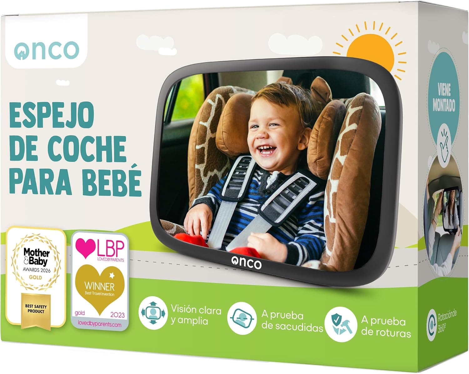 Onco Espejo Coche Bebé Asiento Trasero - Irrompible y Vista 360°