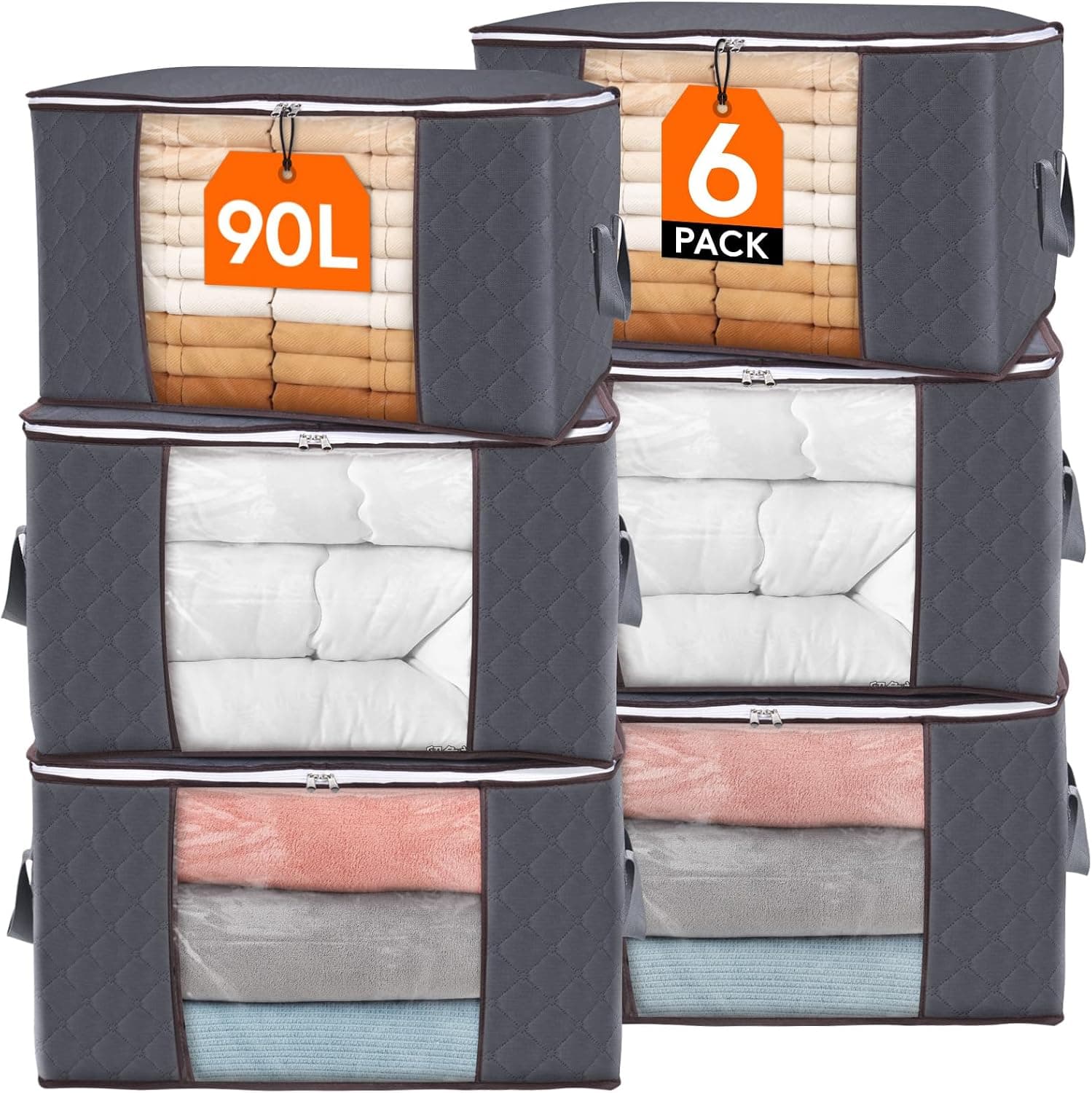 Lifewit Cajas Almacenaje Ropa, Bolsa almacenamiento ropa, Organizador Armario Plegable, Cajas Mudanza, Bolsas con Asa Reforzada para Guardar Ropa, Mantas, Edredones, Gris, 90L, 6 Piezas