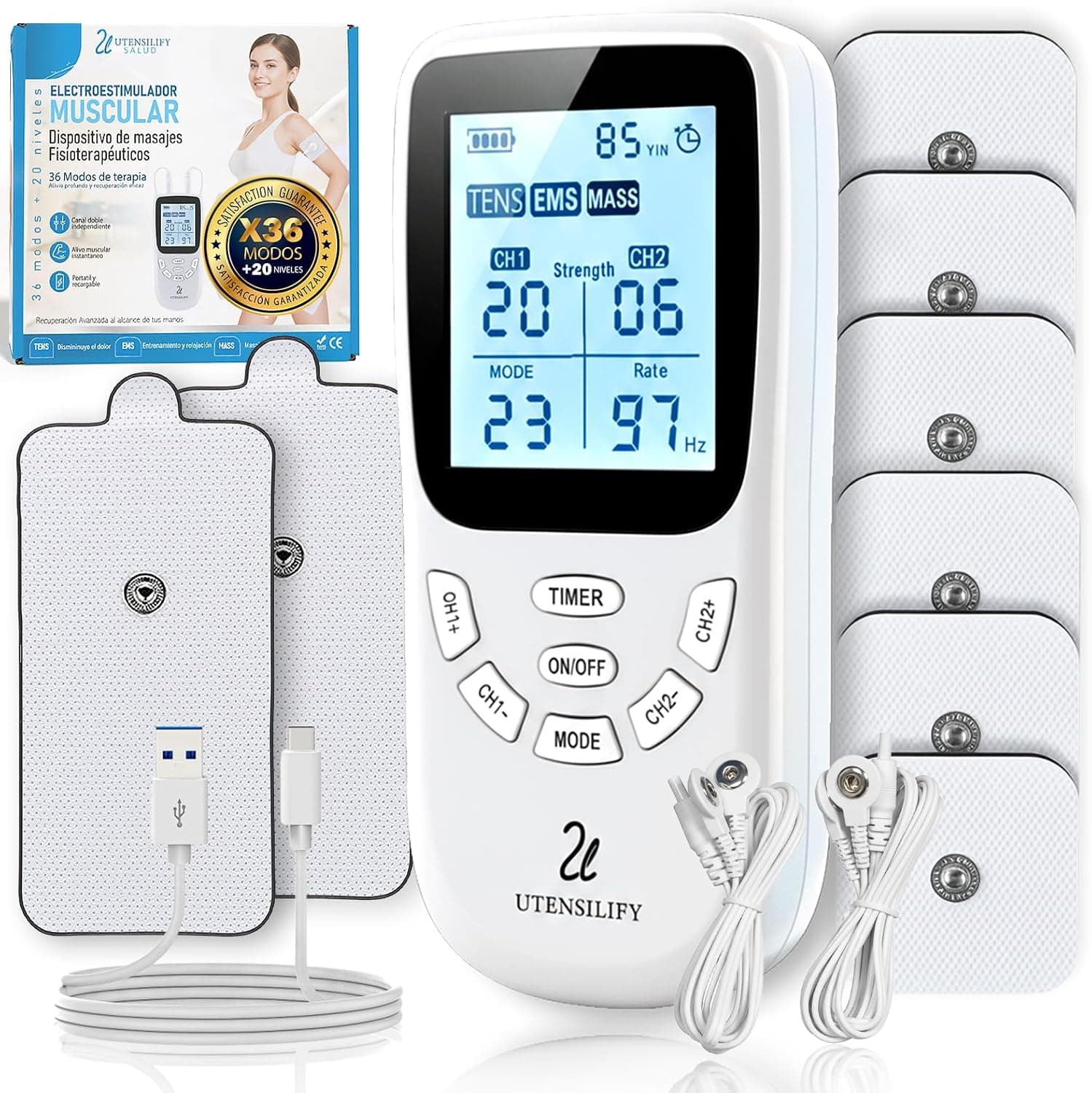 Electroestimulador Muscular UTENSILIFY® 3 EN 1 PREMIUM | 6 Electrodos Para Tens + 2 Electrodos Fisioterapia | 36 Modos + 20 Niveles de Intensidad | Estimulador Muscular | Tens | EMS|Mass (Blanco)