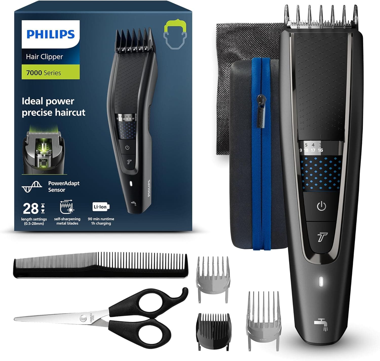 Philips Cortapelos con cuchillas de titanio, 3 Peines guía, 28 Ajustes de longitud, 90 min de uso sin cable, Incluye funda de viaje, Color Negro