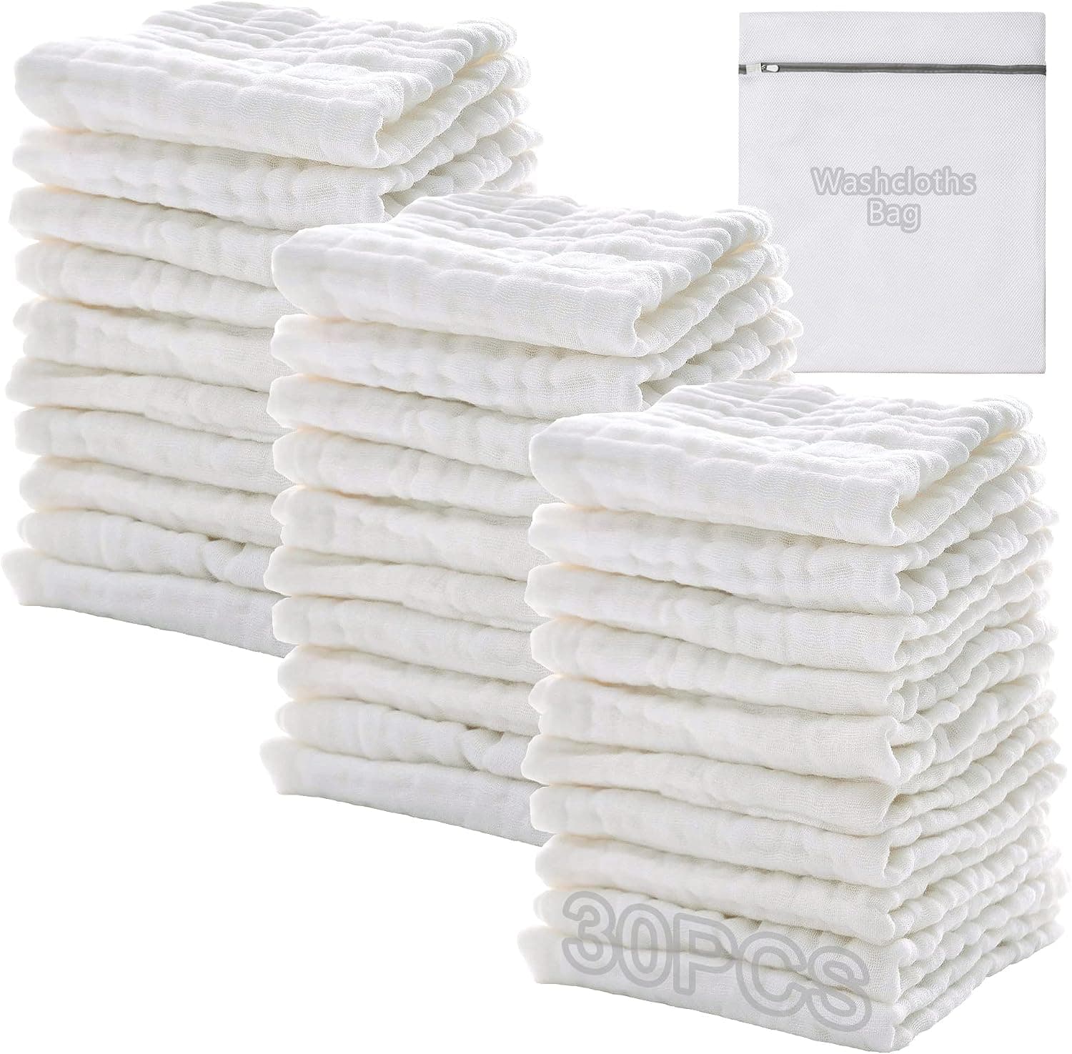 Gasas para Bebes, Muselinas,Toalla, Baño, Bebe, Algodon, Toallas, De Cara, Muselina, Bebe, Recien Nacido, 25x25 cm, Toallitas Reutilizables Bebed, Pack de 30 (Incluye Bolsa De Lavandería)