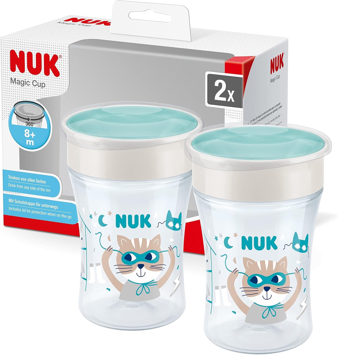 NUK Magic Cup vaso antiderrame bebe | Borde a prueba de derrames de 360° | +8 meses | Sin BPA | 230 ml | Gato (Turquesa) | 2 unidades