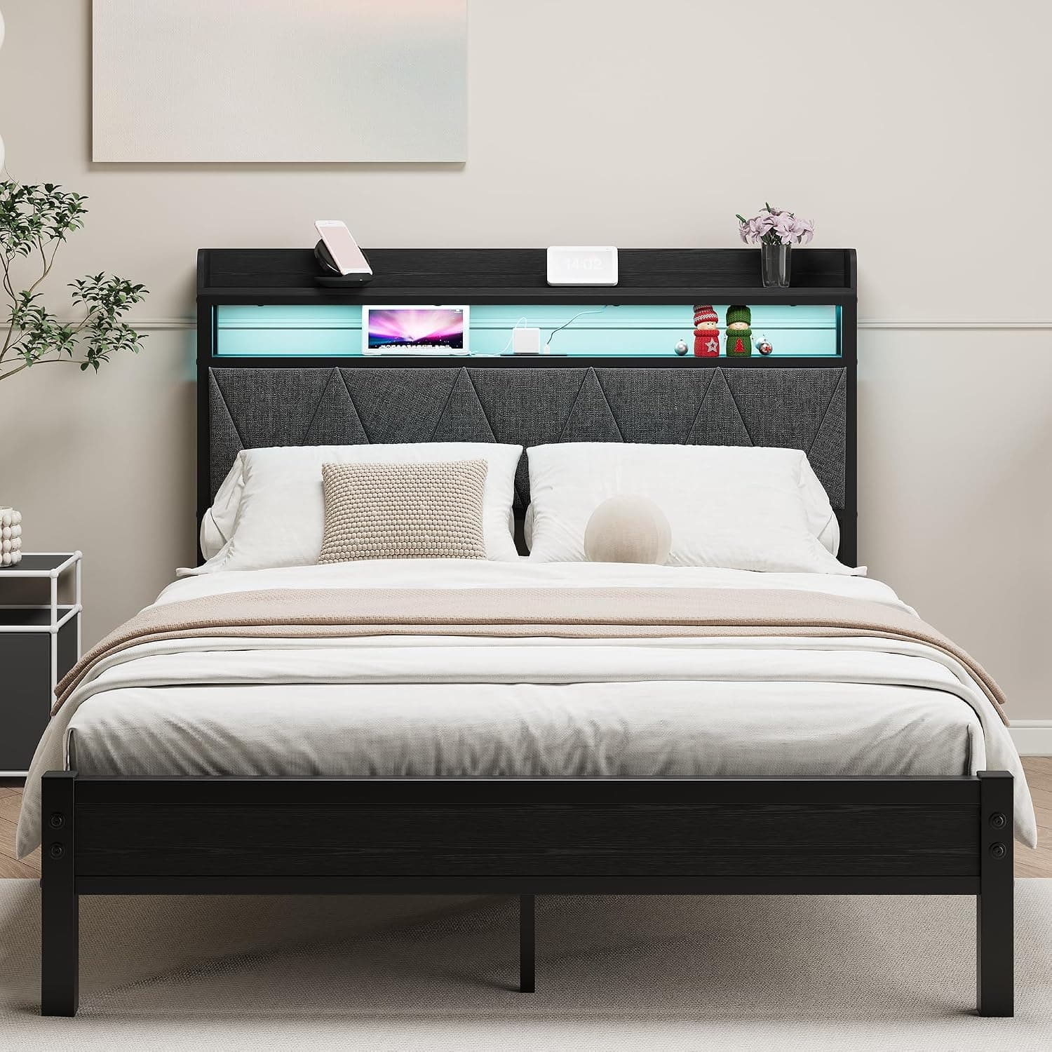 Marco de cama de 120 x 200 cm con cabecero tapizado de madera con dos estantes, base de carga, luces LED, marco de cama de metal resistente, no requiere somier, sin ruido, color negro