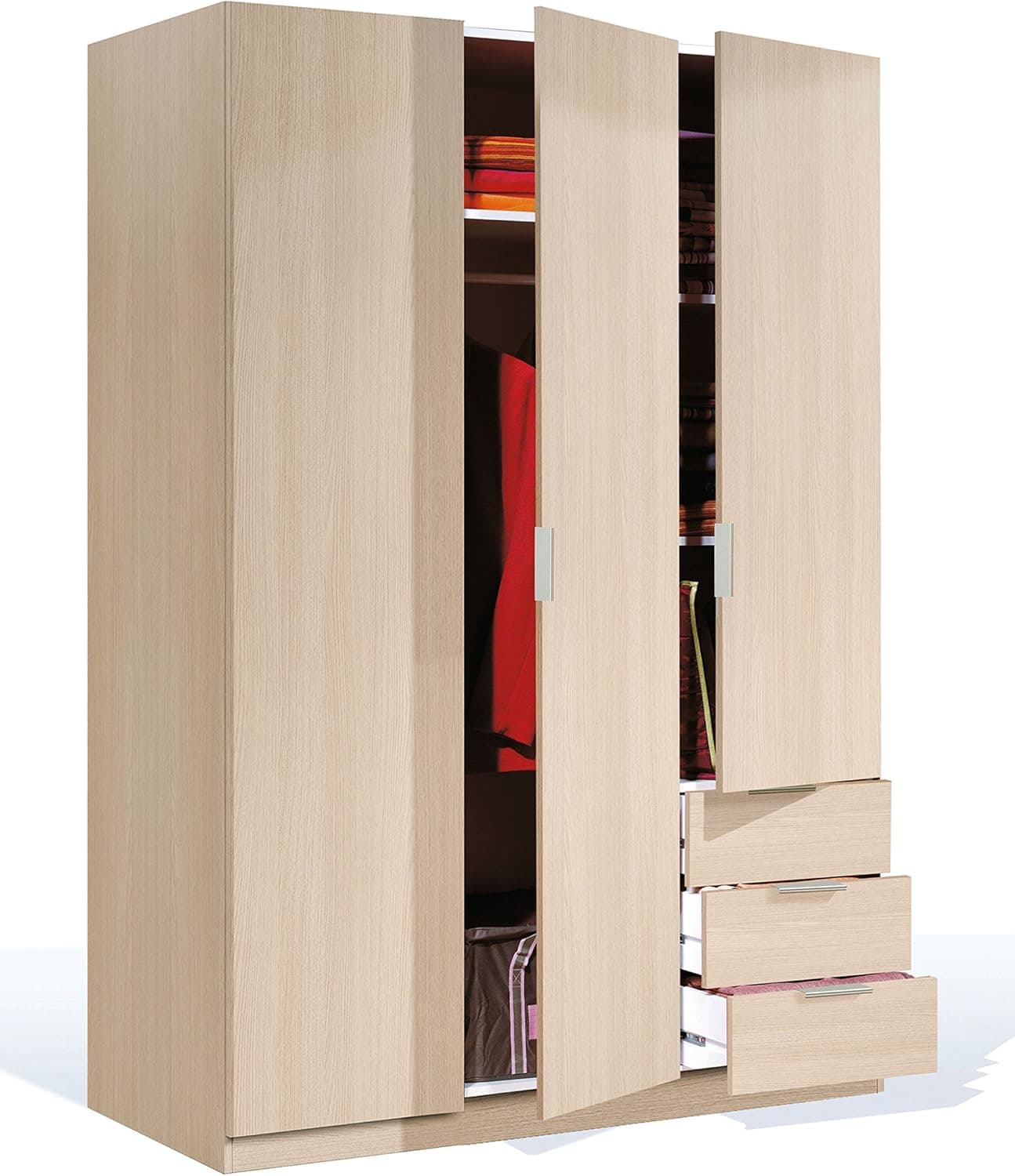 Habitdesign Armario Ropero 3 Puertas 3 Cajones, 121x180x52 (AnchoxAltoxFondo-en Cm), Color Roble