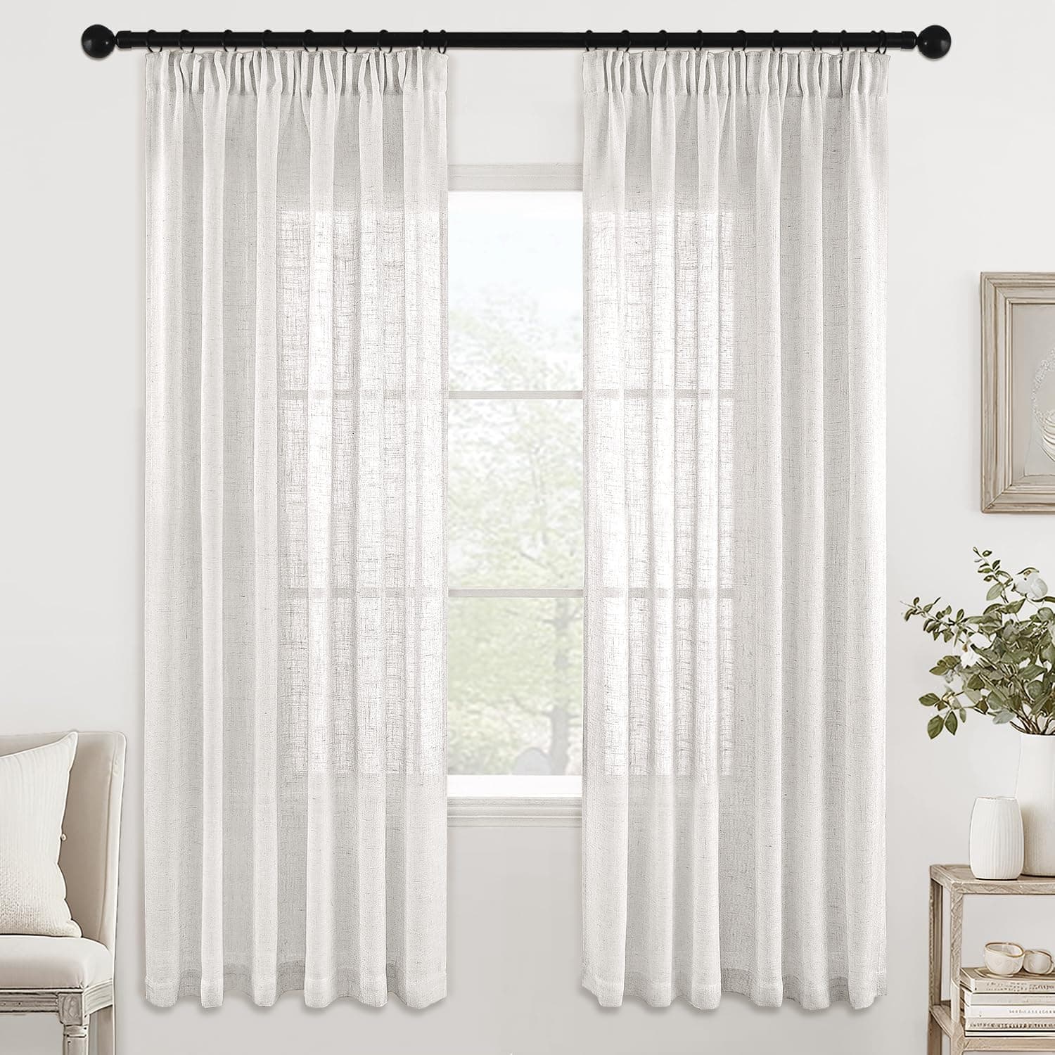 MIULEE Cortinas de Lino Translúcido 2 Piezas Blanco 122x140cm (HxL)