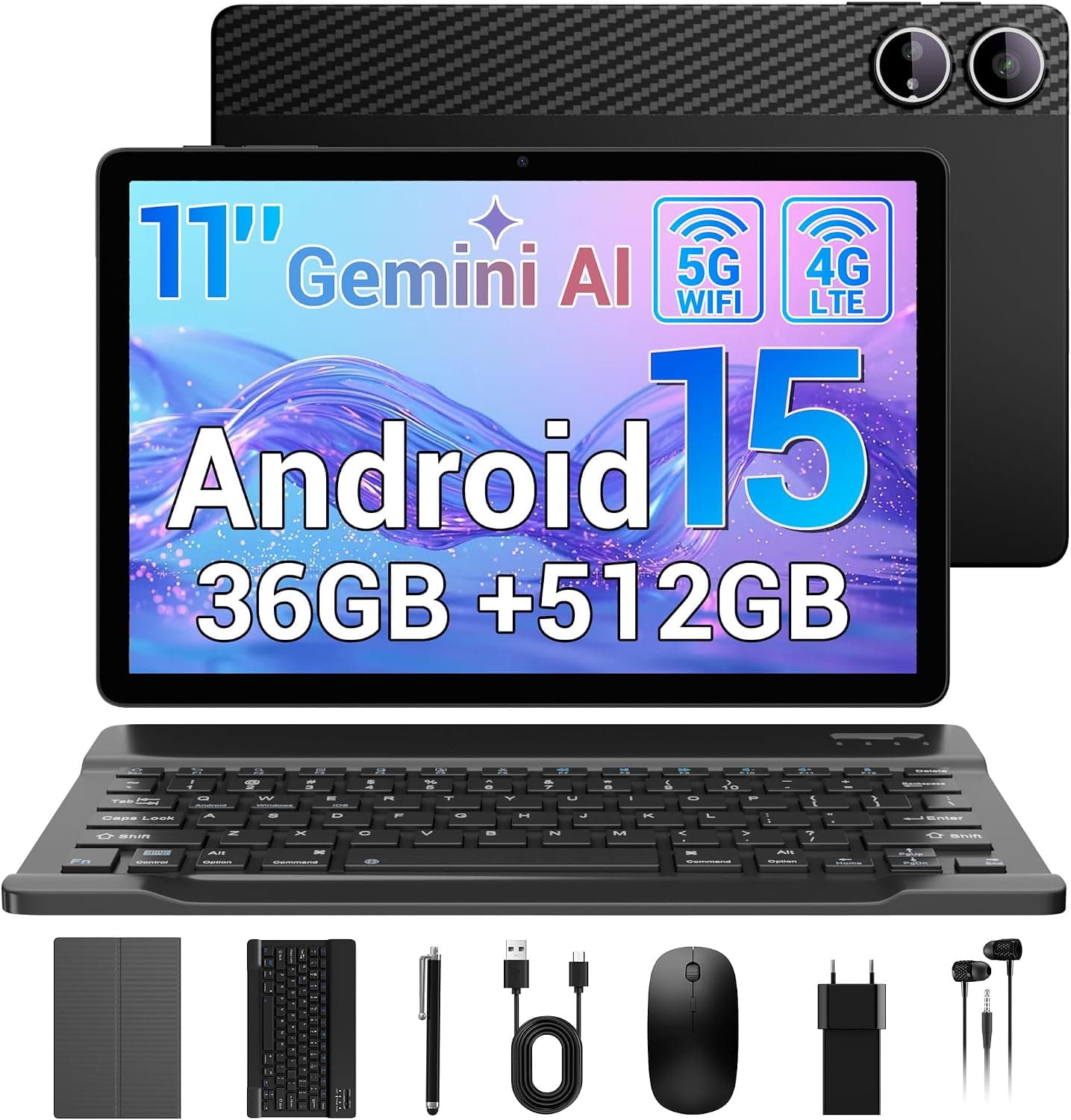 Tablet 11 Pulgadas Gemini AI, 36GB RAM + 512GB ROM/1TB TF, 4G LTE Dual SIM+5G WiFi, 2GHz Octa-Core, Widevine L1, 9580mAh/GPS/13MP/GMS/OTG, Android Tablet con Teclado+Lápiz+Funda+Ratón+Auriculares