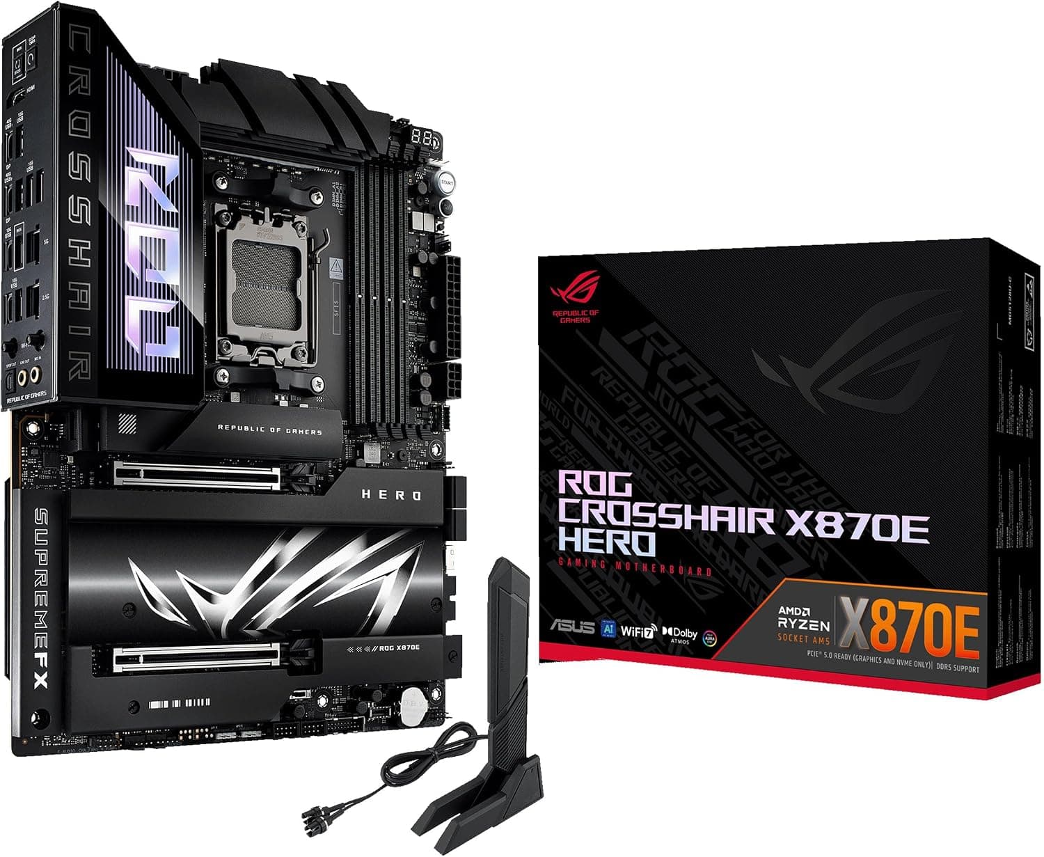 ASUS ROG Crosshair X870E Hero - Placa Base AMD ATX, 18+2+2 etapas de Potencia, DDR5, PCIe 5.0 Compatible con GPU de última generación, Cinco M.2, Wi-Fi 7, USB4, AI Overclocking