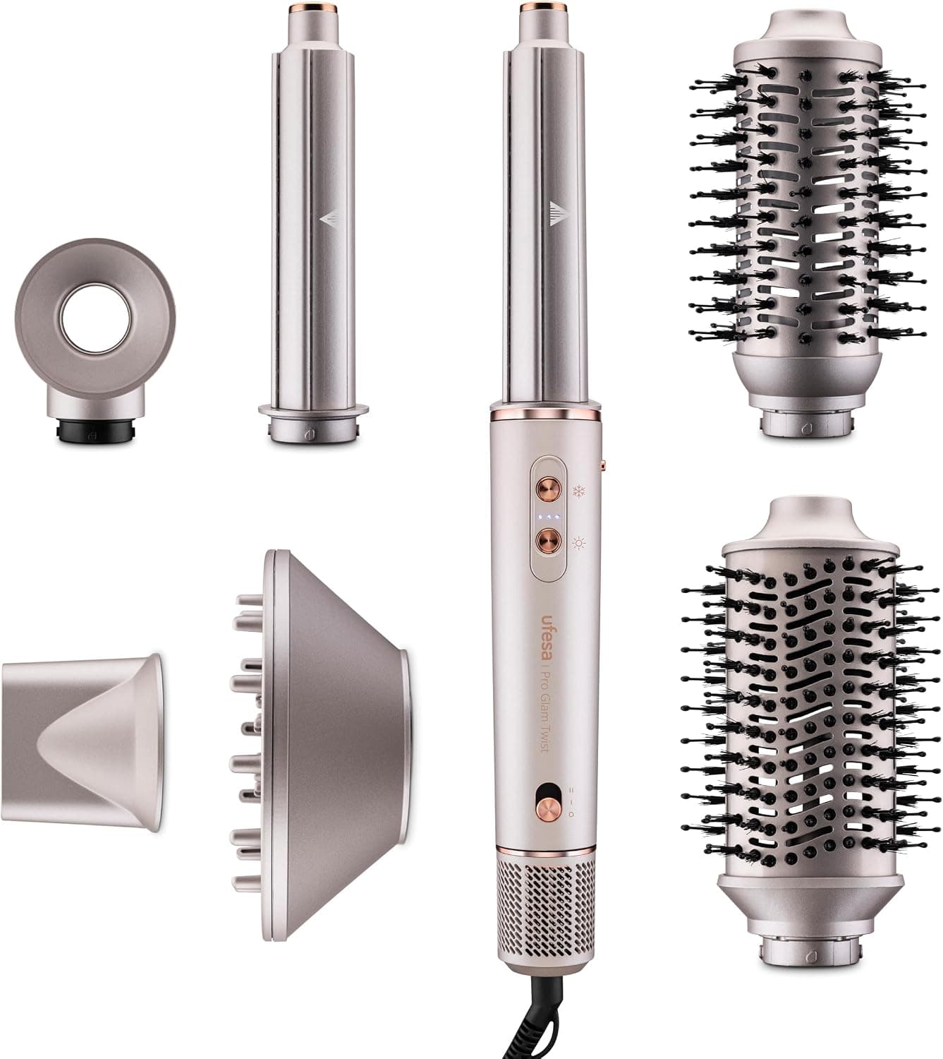 Ufesa Moldeador de Cabello Pro Glam Twist 7 en 1 con Motor Digital Brushless, Sistema Coanda, Revestimiento Cerámico, Generador de Iones y Accesorios Profesionales