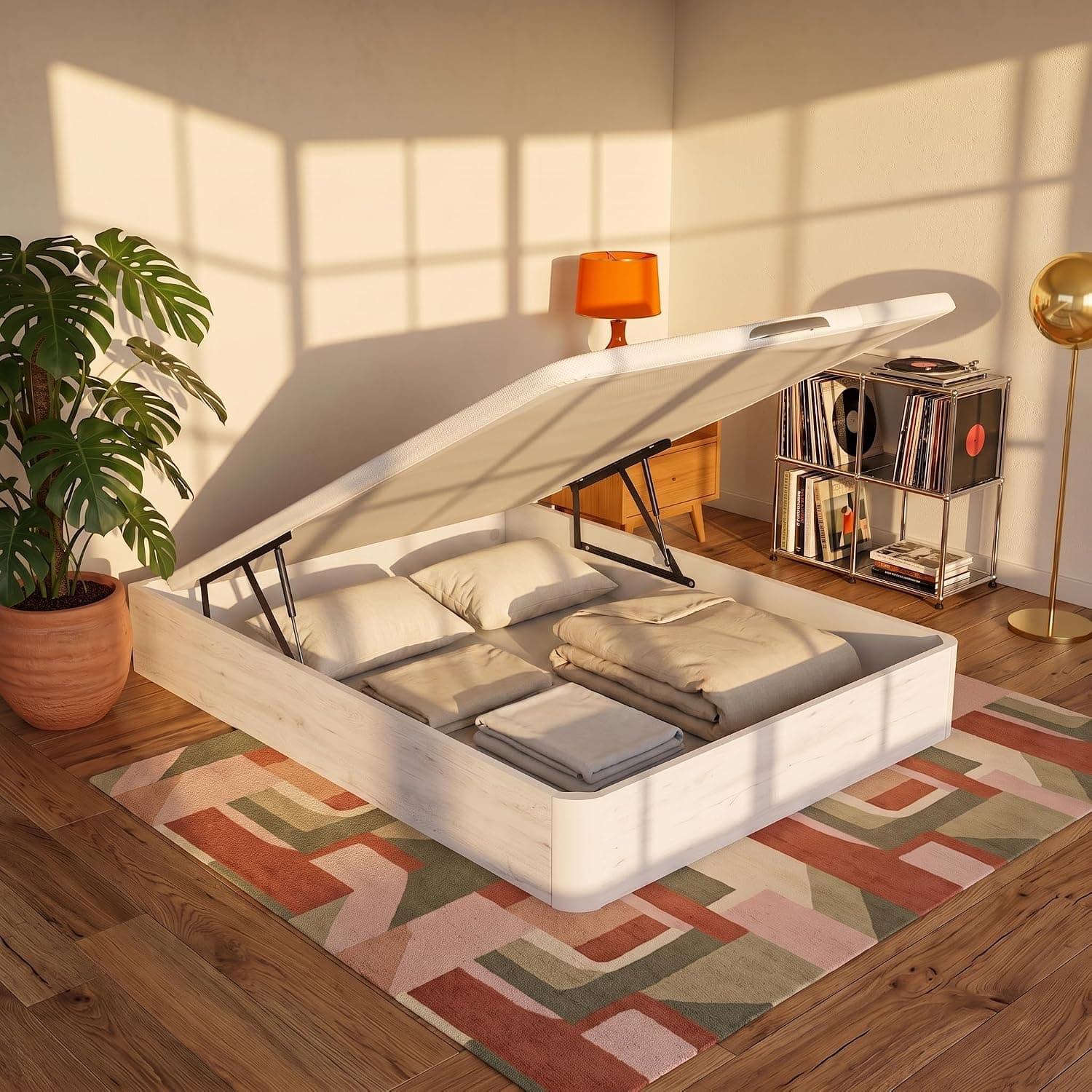 What The Sleep | Canapé Abatible de Madera Gran Capacidad | 135x190 | Montaje y Retirada Usado Incluido | Glaciar | 32 cm | Apto Todos Colchones | Esquinas Delanteras Redondeadas | Storage Bed