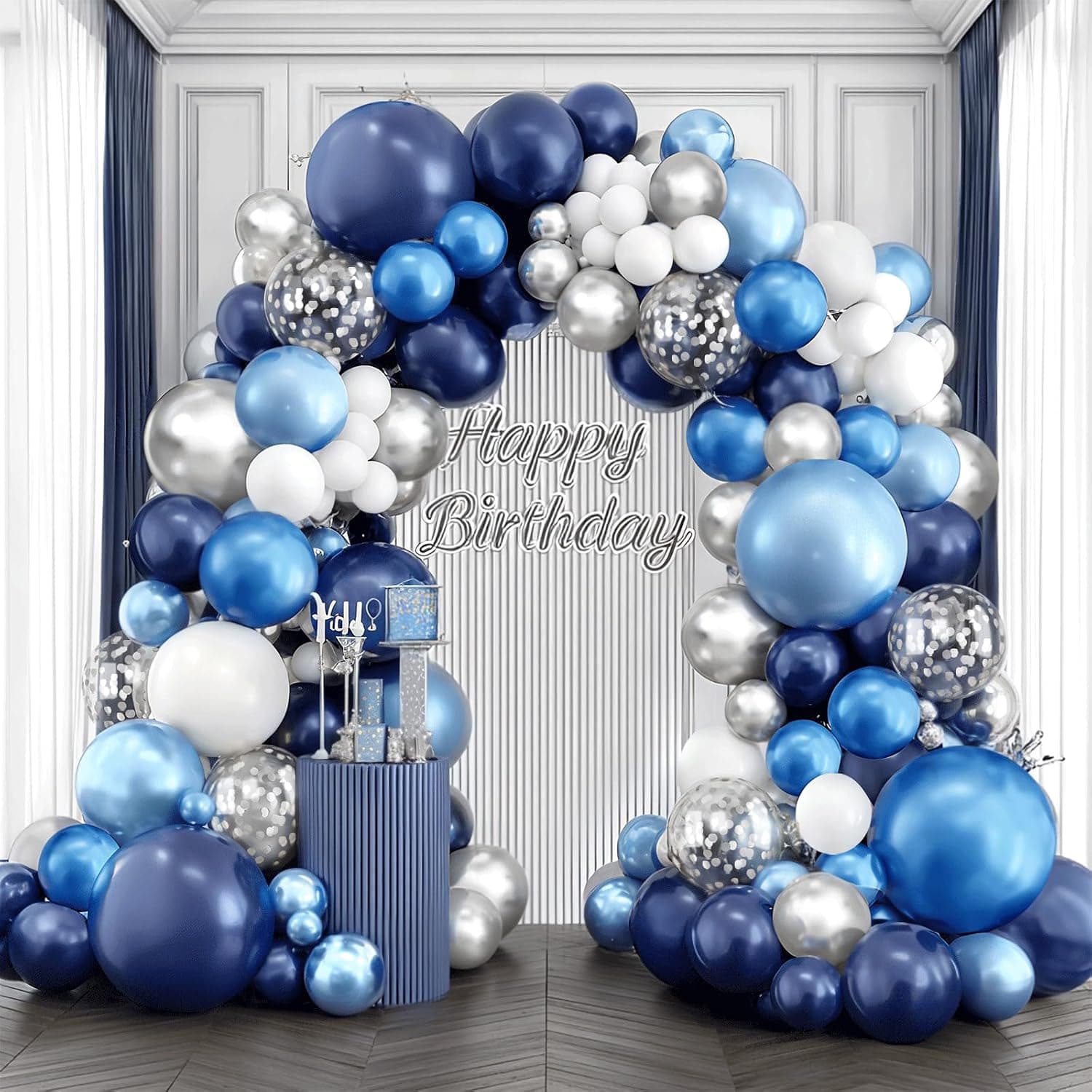 Kit de arco de Globos Azul, Blanco y Plateado; Globos Azul Metálico Confeti