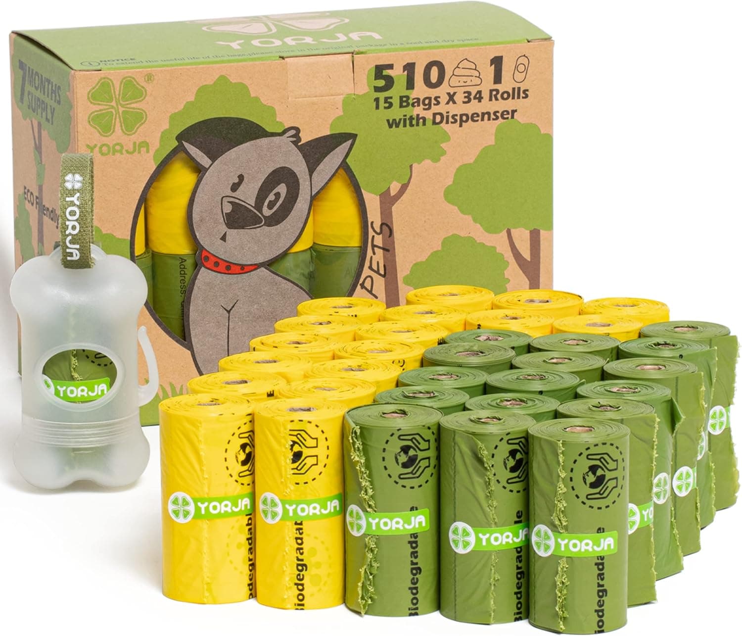 Bolsas para Excrementos de Perro con Dispensador,34 Rollos/510 Unidades,Extra Grueso,Fuerte y a Prueba de Fugas Biodegradable Bolsas para Caca de Perro
