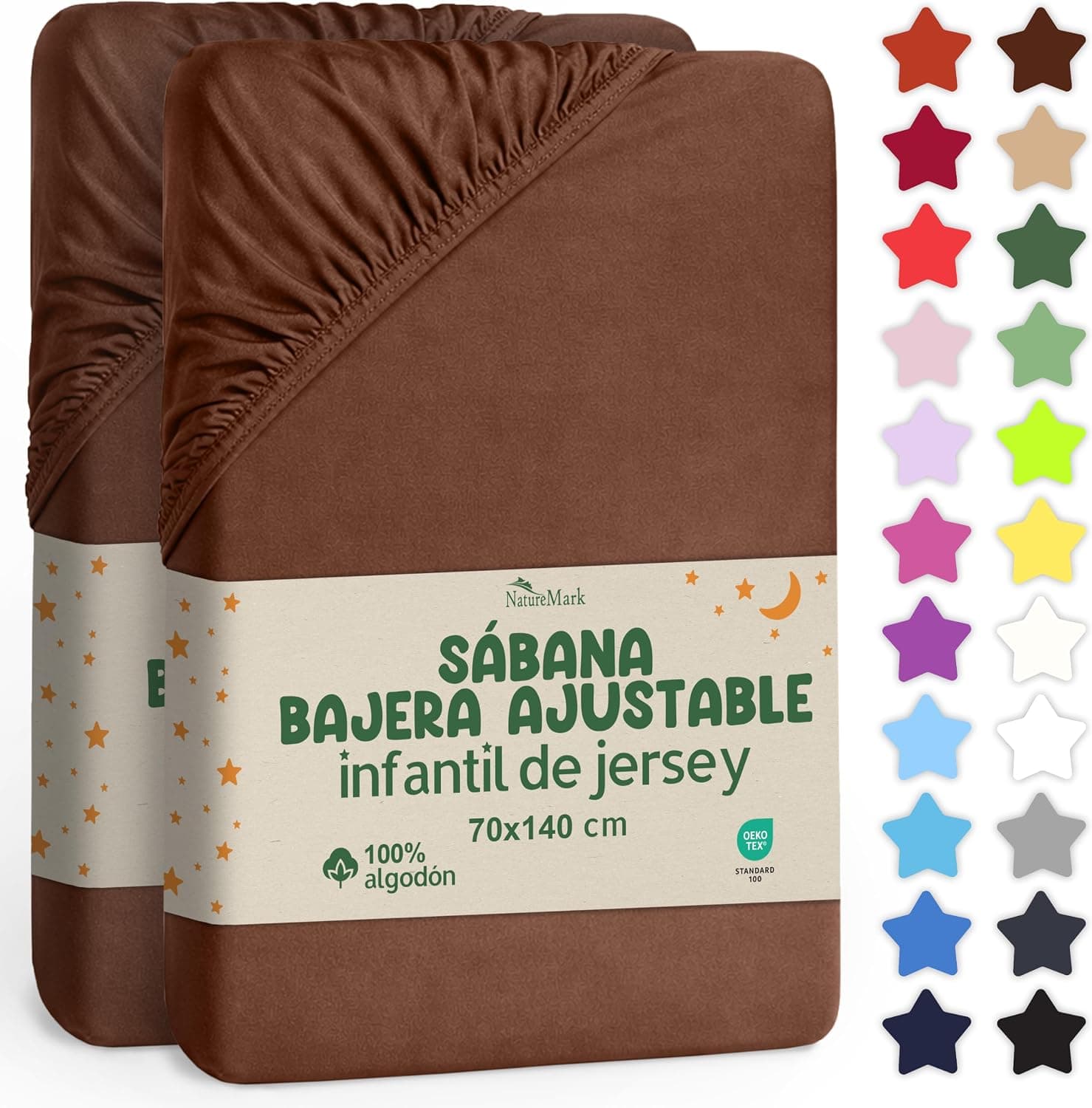 NatureMark Sábana Ajustable para Niños 70x140 cm – Suave Jersey, 100% Algodón, Pack de 2 para Cuna y Camita Infantil, Marrón Chocolate