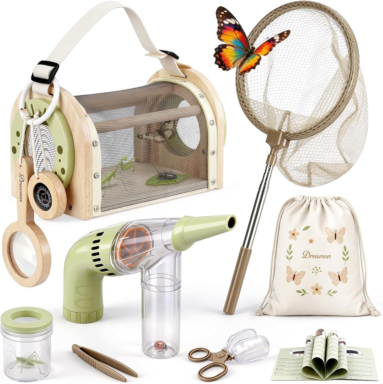 Dreamon Kit de Caza de Insectos para Niños de 3-5 Años: Jaula de Madera, Aspirador, Red y Bolsa - Juguete de Exploración al Aire Libre y Safari