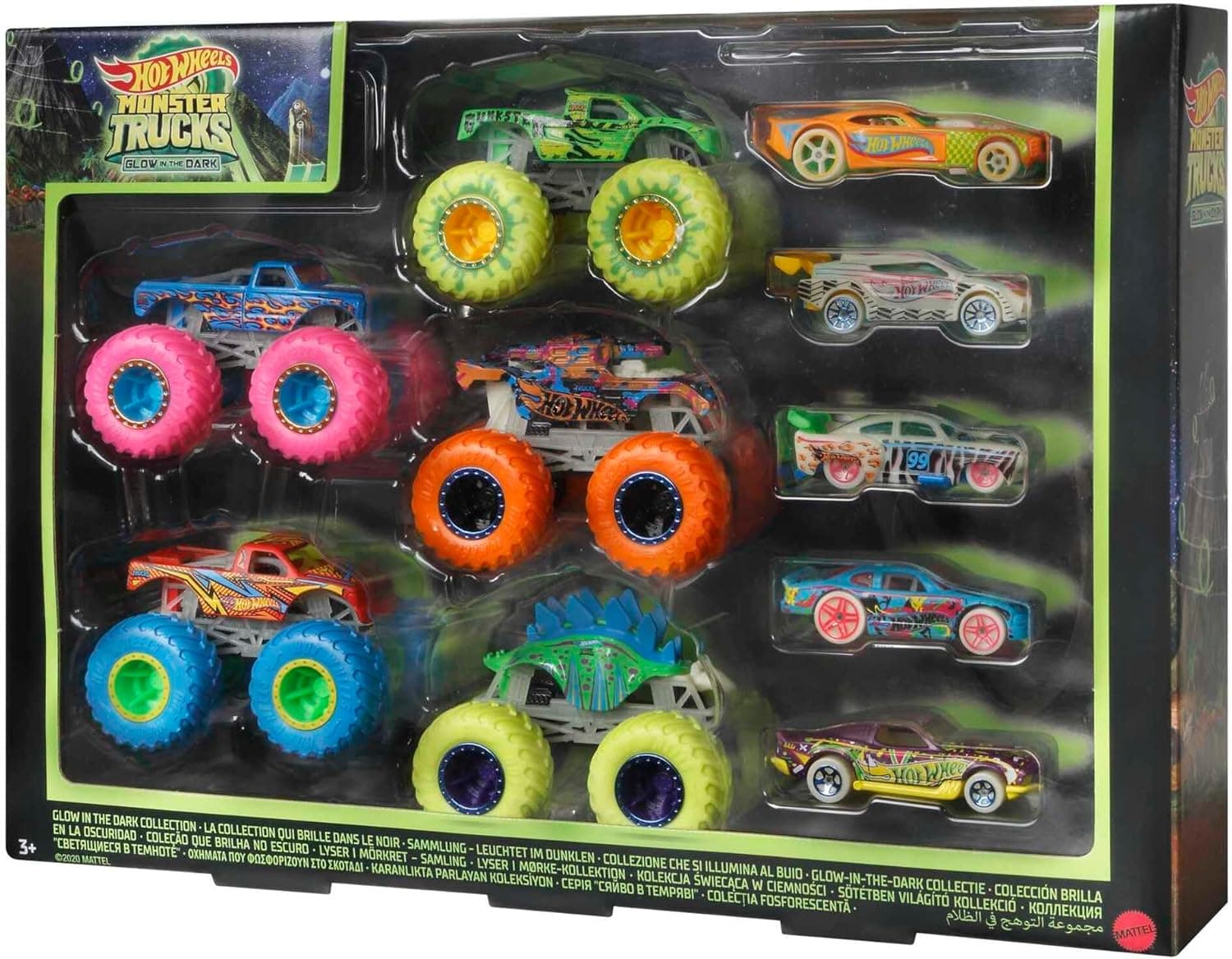 Hot Wheels Multipack Glow in The Dark™ Monster Trucks 10 vehículos de Juguete: 5 Monster Trucks y 5 Coches a Escala 1:64, Regalo Coleccionable para niños de Entre 4 y 8 años, HCB57