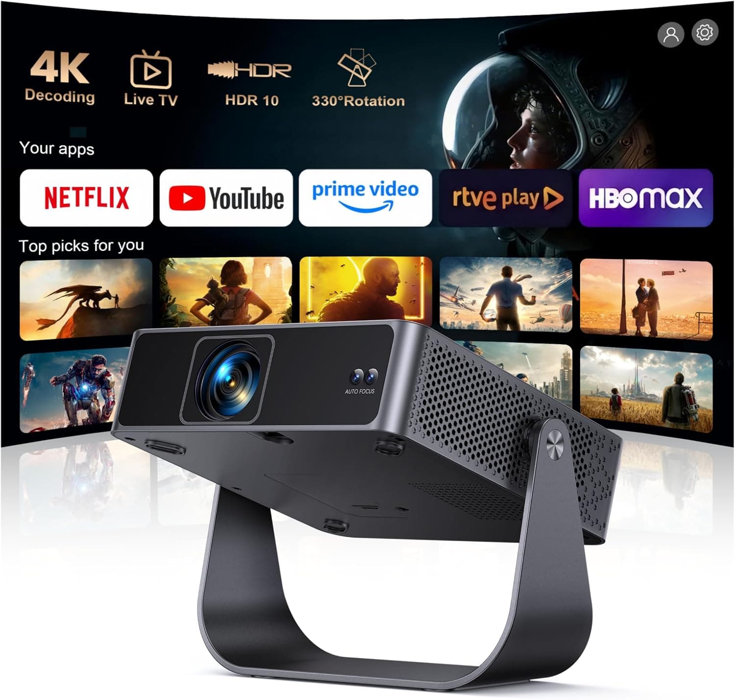 Proyector Portatil【Netflix Ready+TV Directo】 Proyector 4K App Integrada Auto Focus/Keystone 1080P FHD Nativo con HDR10, Giro 330° WiFi Bluetooth Mini Proyectors Projector Cine en Casa/Exterior/HDMI