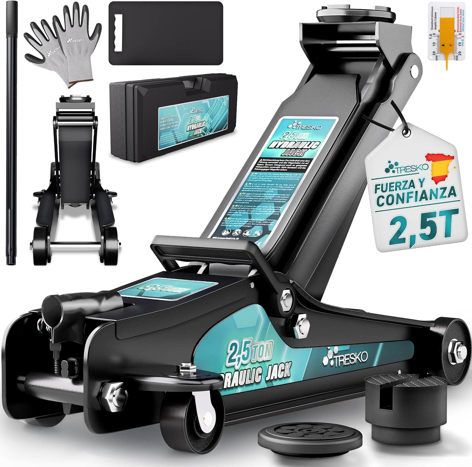 TRESKO® Gato hidráulico 2,5T plano con altura de elevación de 85-385mm incl. estuche