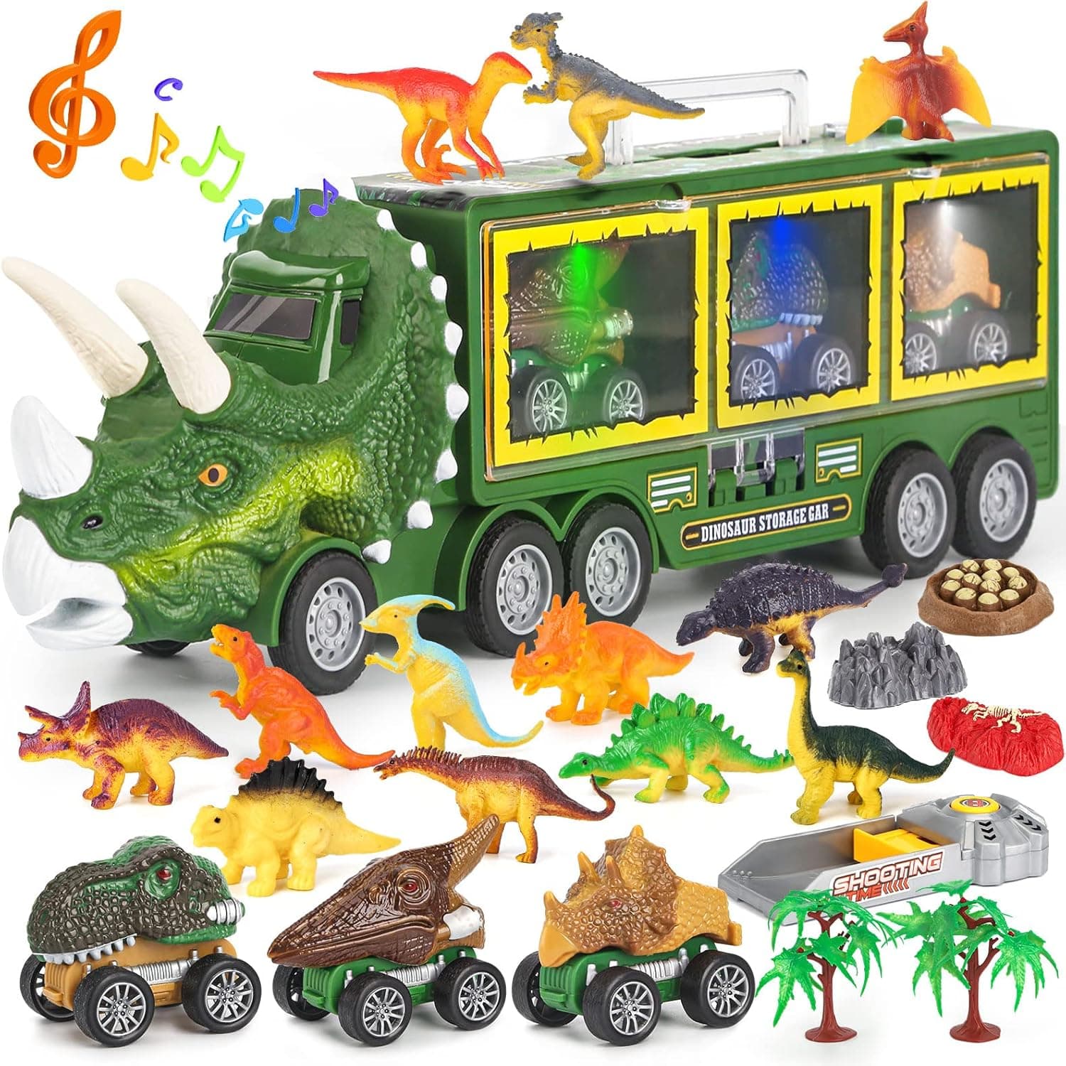 DINORUN Camión Transportador de Dinosaurios Juguetes Coches de Juguetes con Luz y Sonido para Niños y Niñas