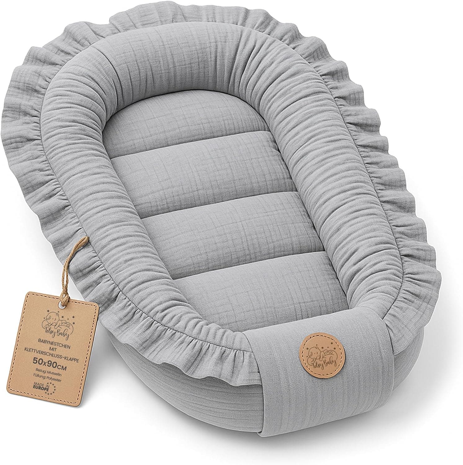 Nido suave de Muselina - transpirable para Recién Nacido portátil y mullido 50x90 cm - acogedor calentito para Cuna Moisés Cochecito Habitación Bebe y Viaje Gris
