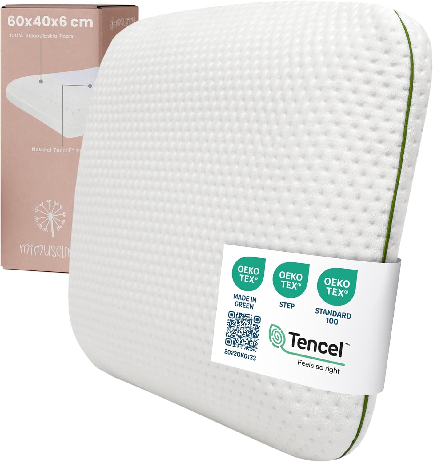 MIMUSELINA Almohada Infantil Viscoelástica 60x40x6 | Memory Foam Transpirable para Niños | Cojines pequeños Suaves, Ergonómicos y Antisofocos | Funda Tencel Hipoalergénica, Extraíble y Lavable
