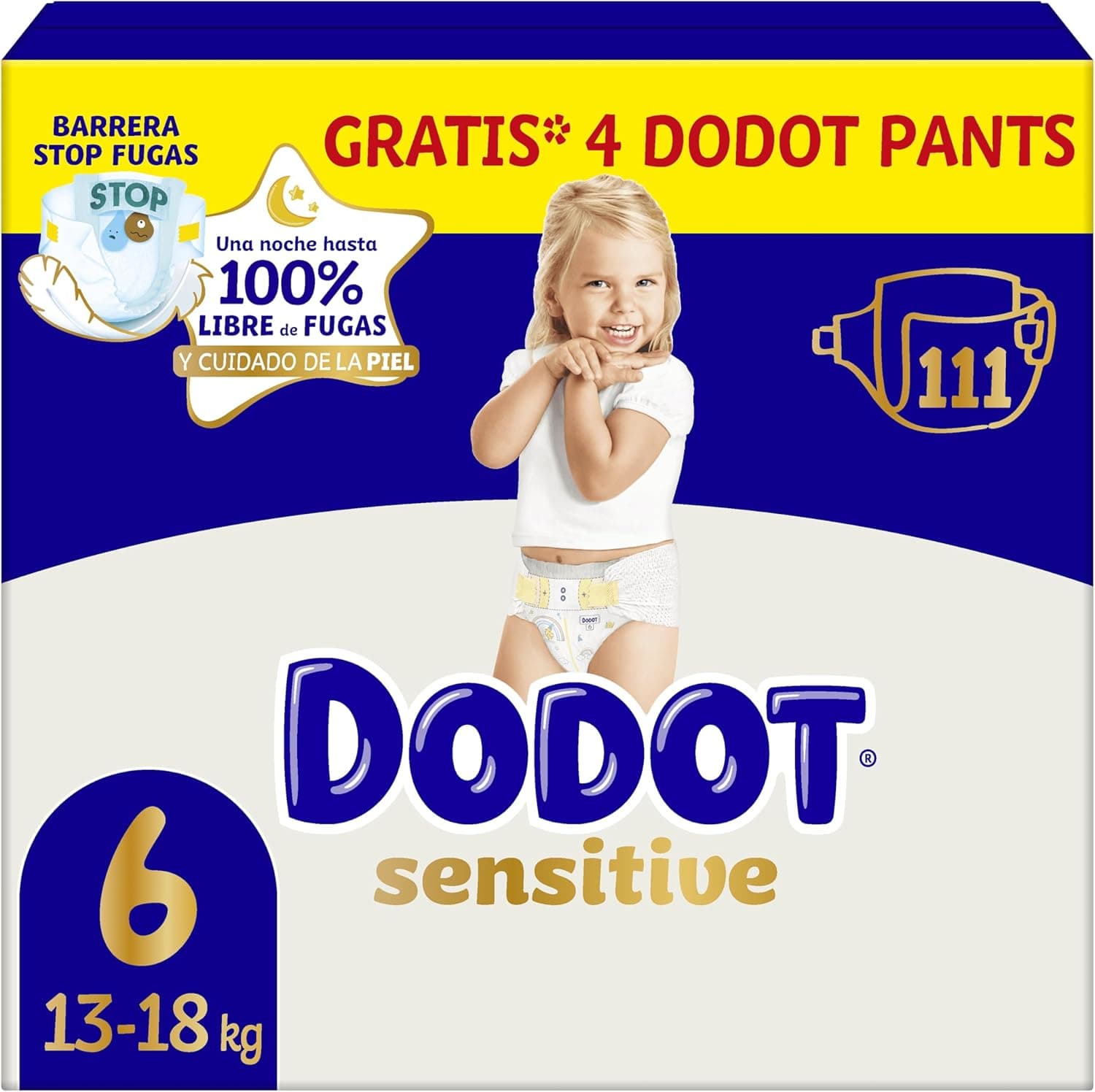 Dodot Pañales Bebé Sensitive, Talla 6 (+13 kg), 111 Pañales + 4 Pants de Regalo, Hasta 12 h De Protección Antifugas y Cuidado de la Piel, Pack Mensual