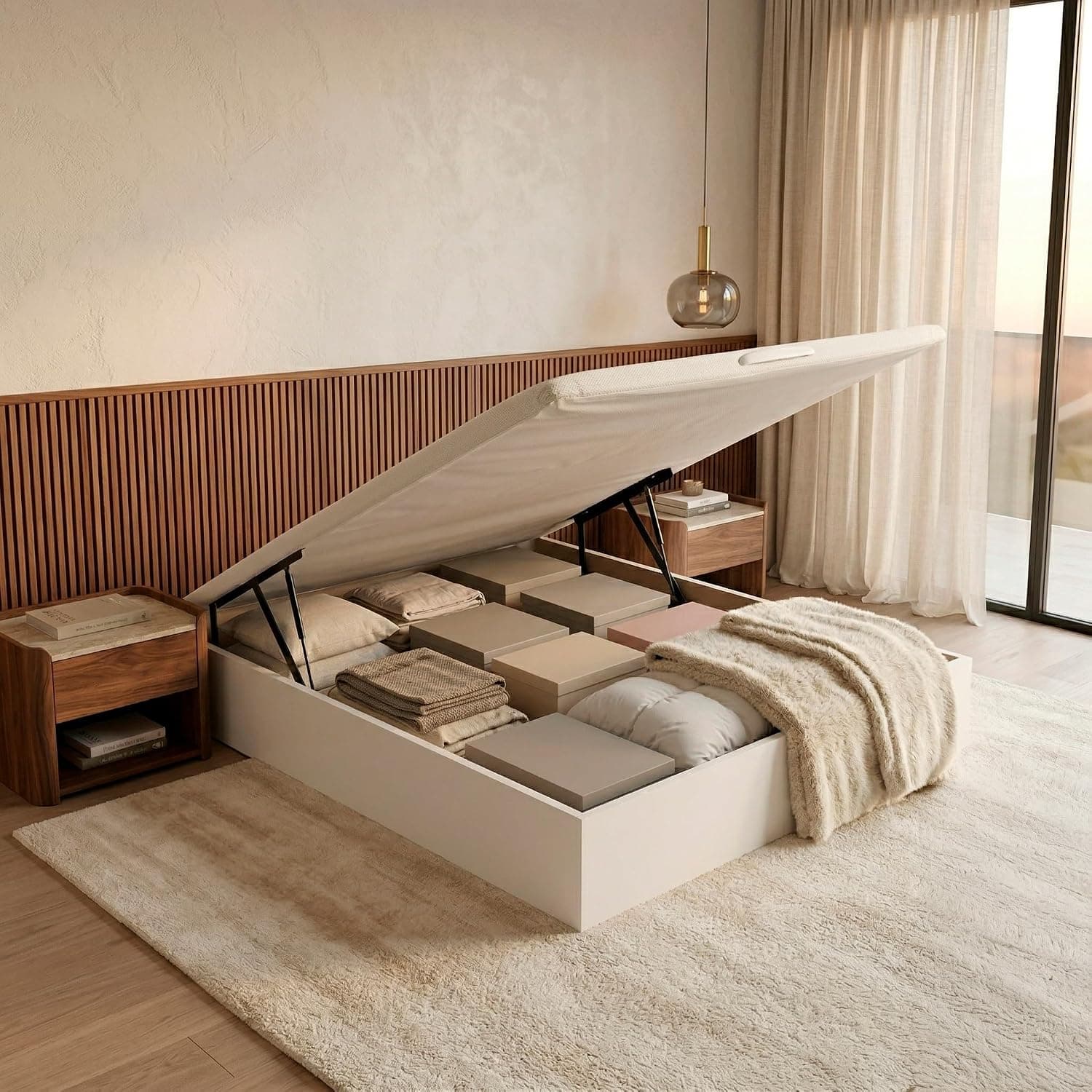 ROYAL SLEEP Canapé Abatible de Madera | 150x190 | Montaje y Retirada de Usado Incluido | Gran Capacidad | Tapa 3D Transpirable | 32 cm | Color Blanco | Space Bed