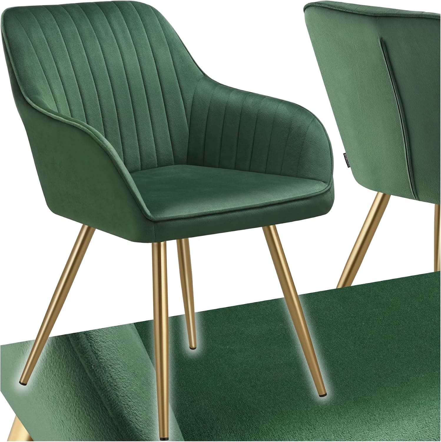 tectake® Silla de Comedor con Tapizado Aterciopelado Acolchado, Silla de Cocina Elegante y Moderna, Patas de Acero, Fácil Limpieza, Ideal Silla Salón, Tocador, Dormitorio - 1 Silla Verde Oscuro/Oro