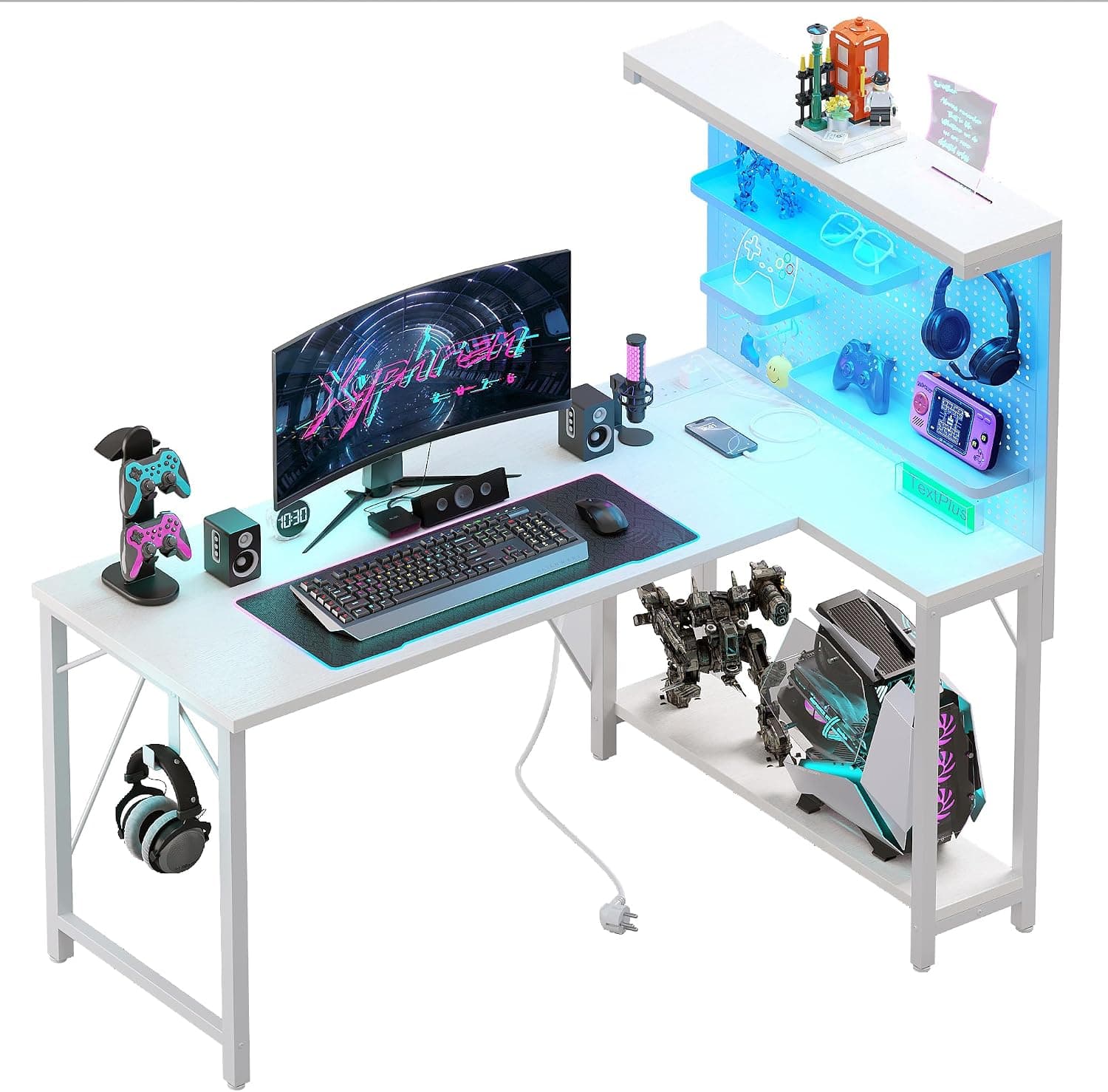 mesa gaming en forma de L con panel perforado y estanterías, mesa de ordenador de esquina con enchufe, escritorio de oficina reversible con 3 estantes desmontables para hogar, 120*80 cm,Blanco