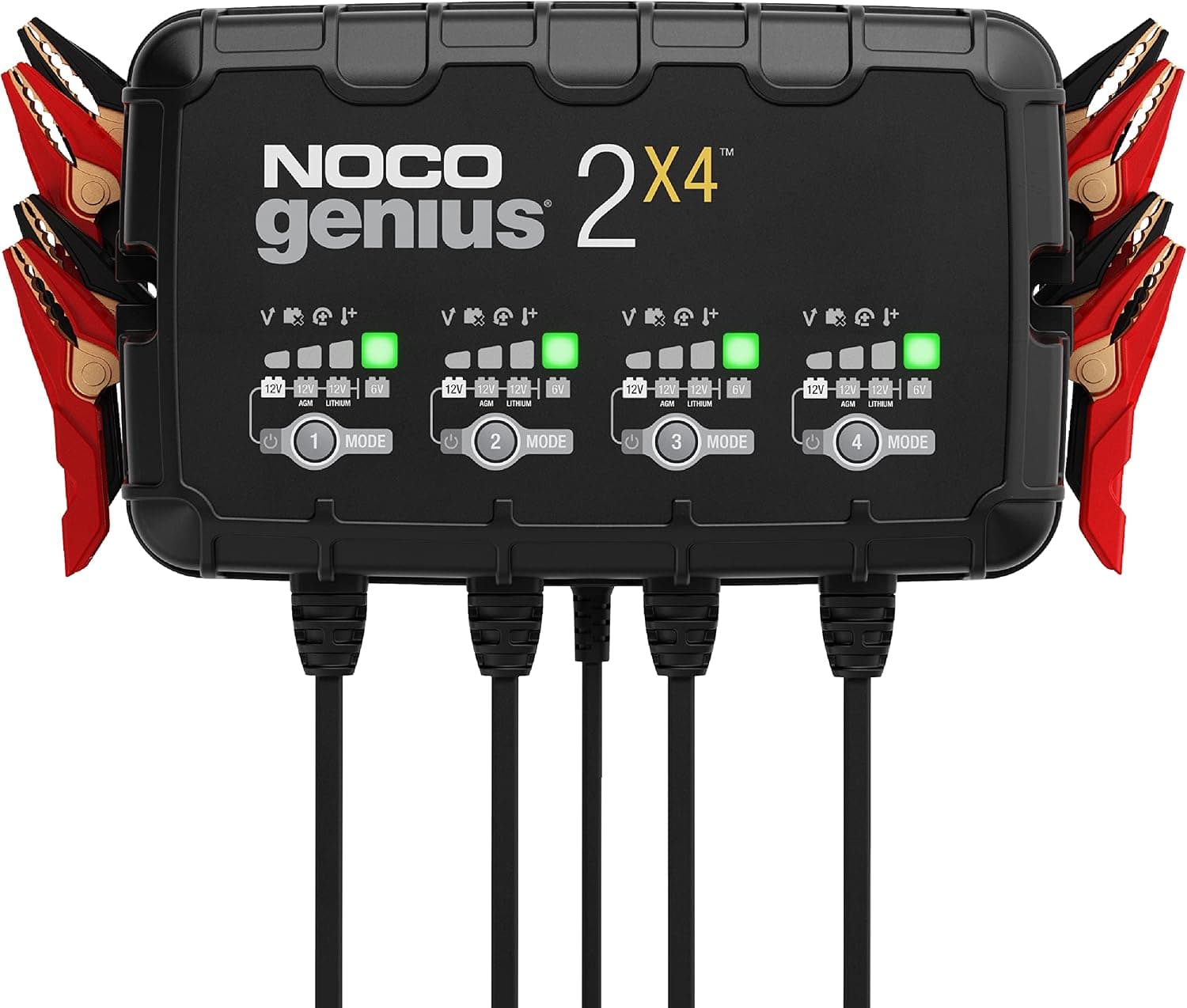 NOCO GENIUS2X4: Cargador Inteligente de baterías 8A con 4 Bancos (2A/Banco) – Mantenedor automático y desulfatador 6V/12V – Protección contra sobrecarga – para baterías de Plomo y Litio