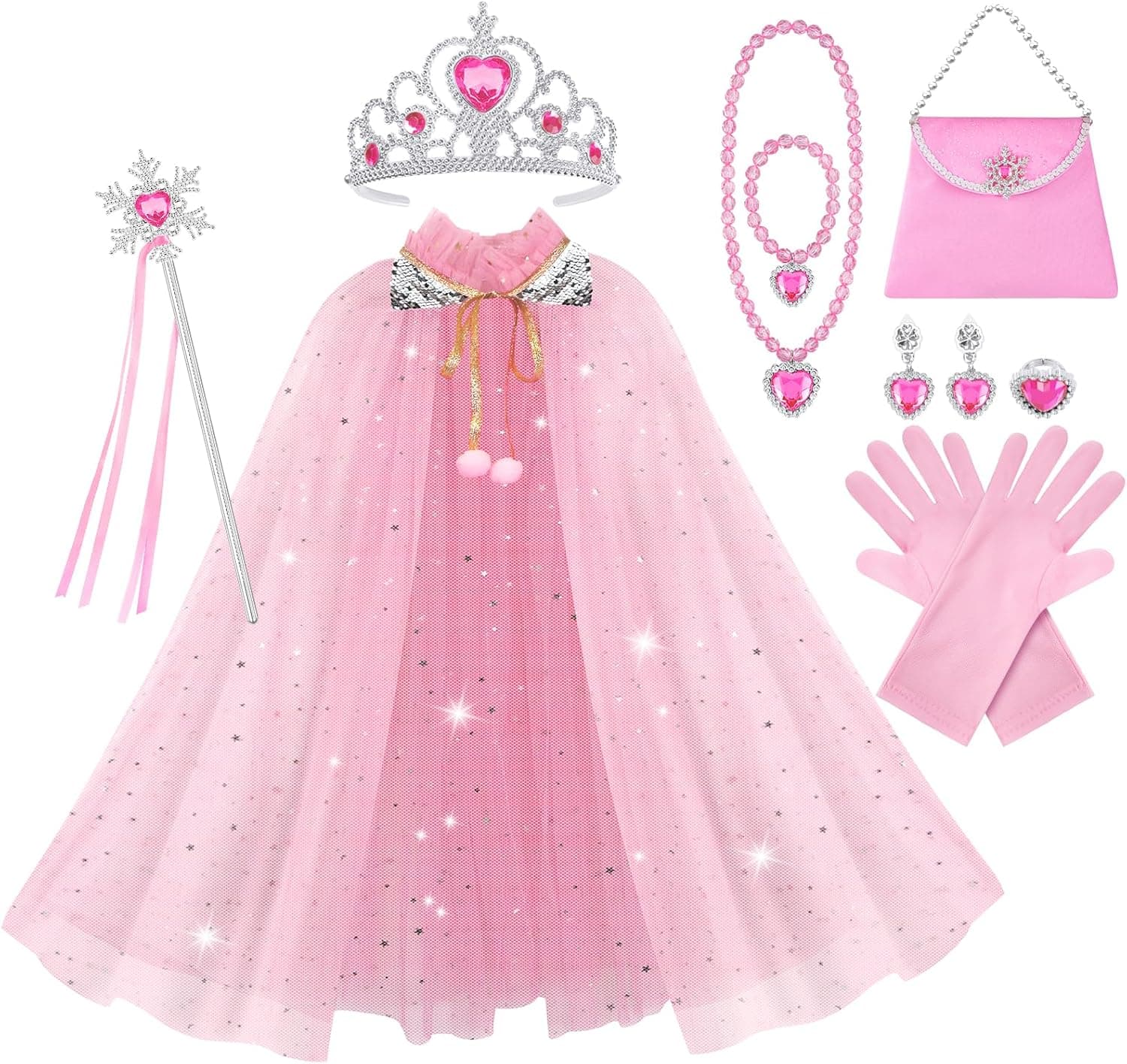 Vicloon Capa Princesa Niña, Capa de Tul con Lentejuelas, Accesorios de Princesa con Corona Varita Mágica, Collar, Pulsera, Anillo, Pendientes, Guantes para Halloween Carnaval Cumpleaños Fiesta