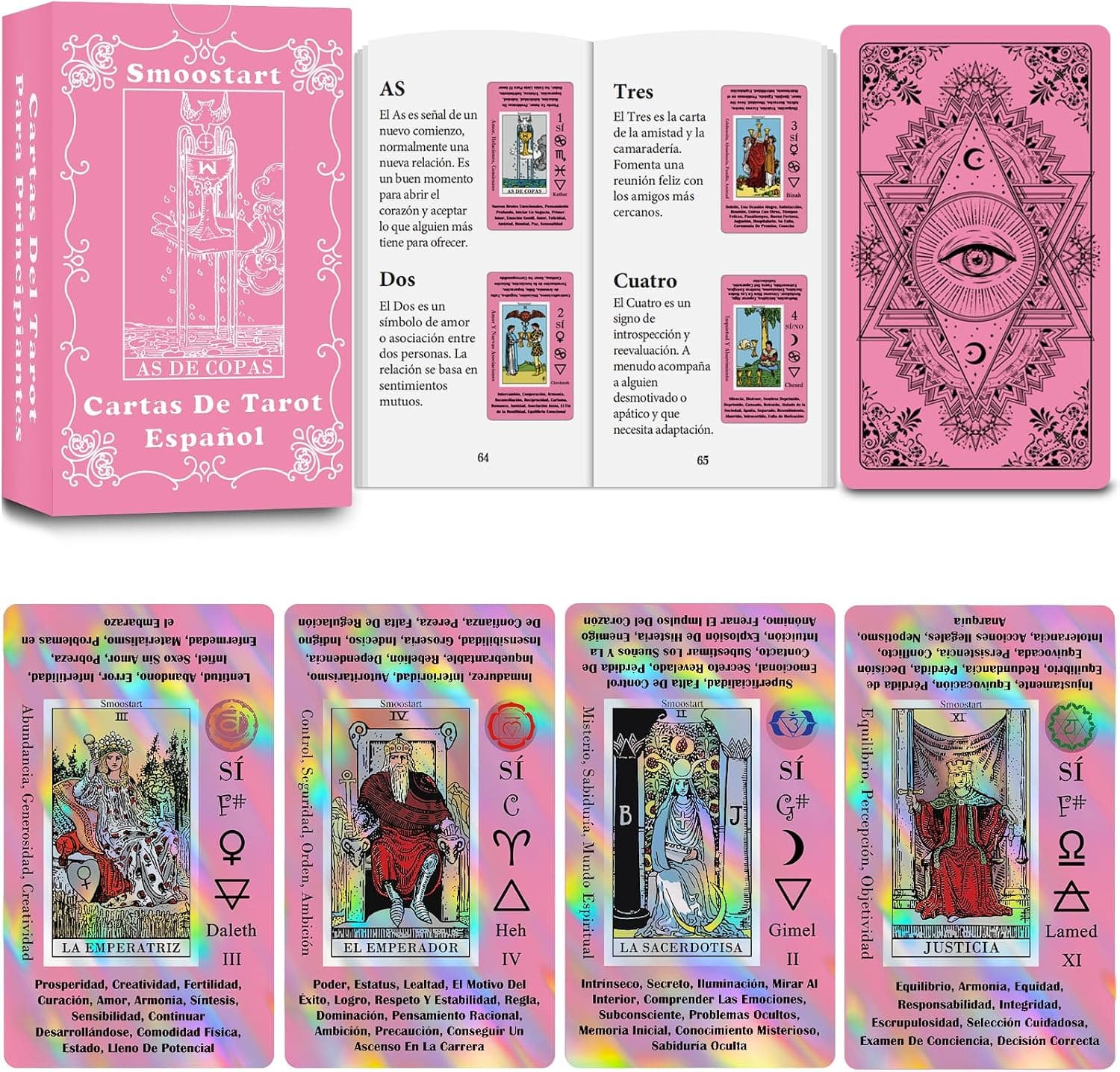 Smoostart Tarot Español Holográfico para Principiantes con Palabras Clave