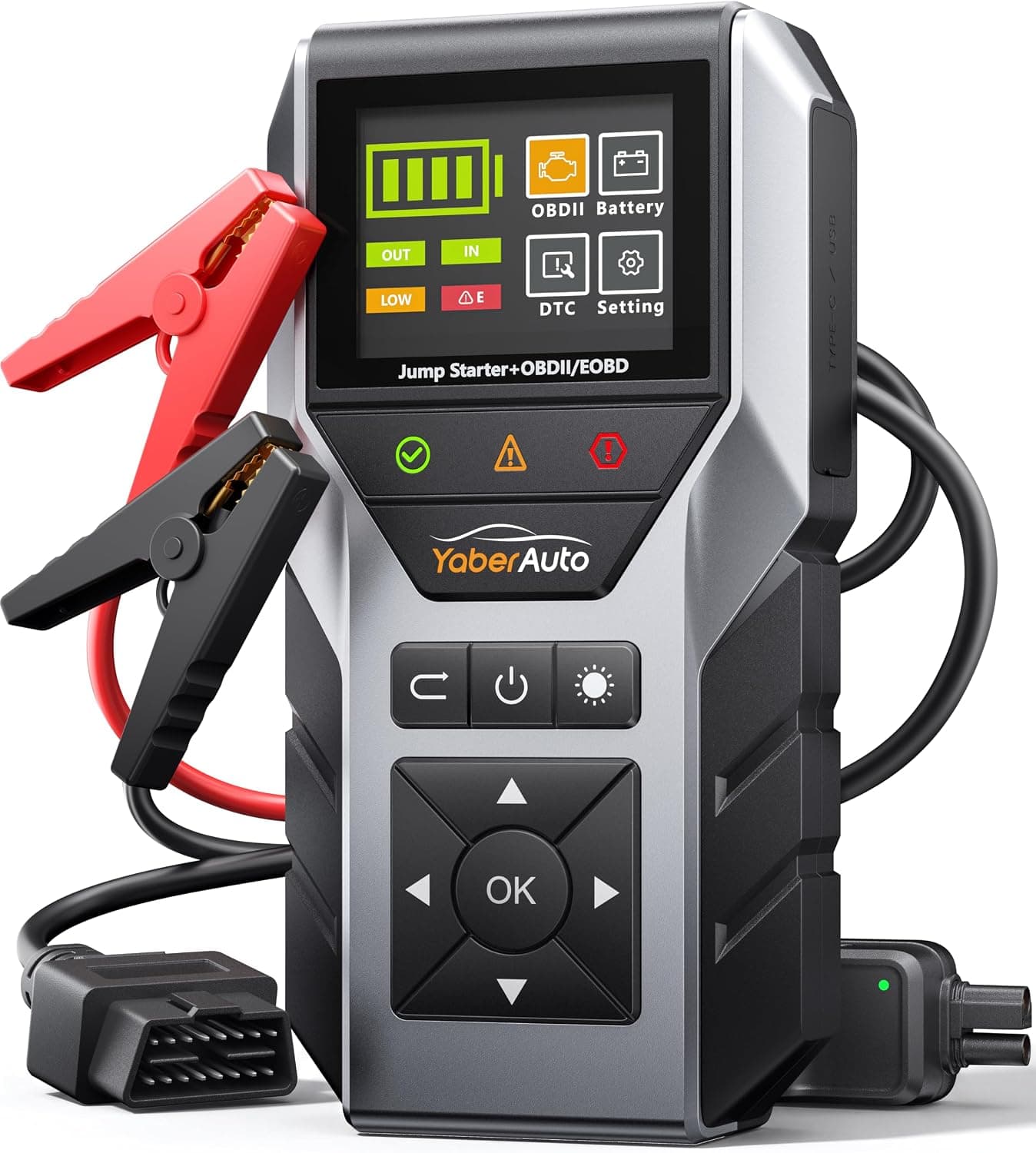 YaberAuto Arrancador de Baterías de Coche con Escáner OBD2, 7000A 12V Arrancador de Coche Portátil con Función de Arranque Forzado (Todo Gas/10L Diesel), Herramienta de Diagnóstico con Cable Puente