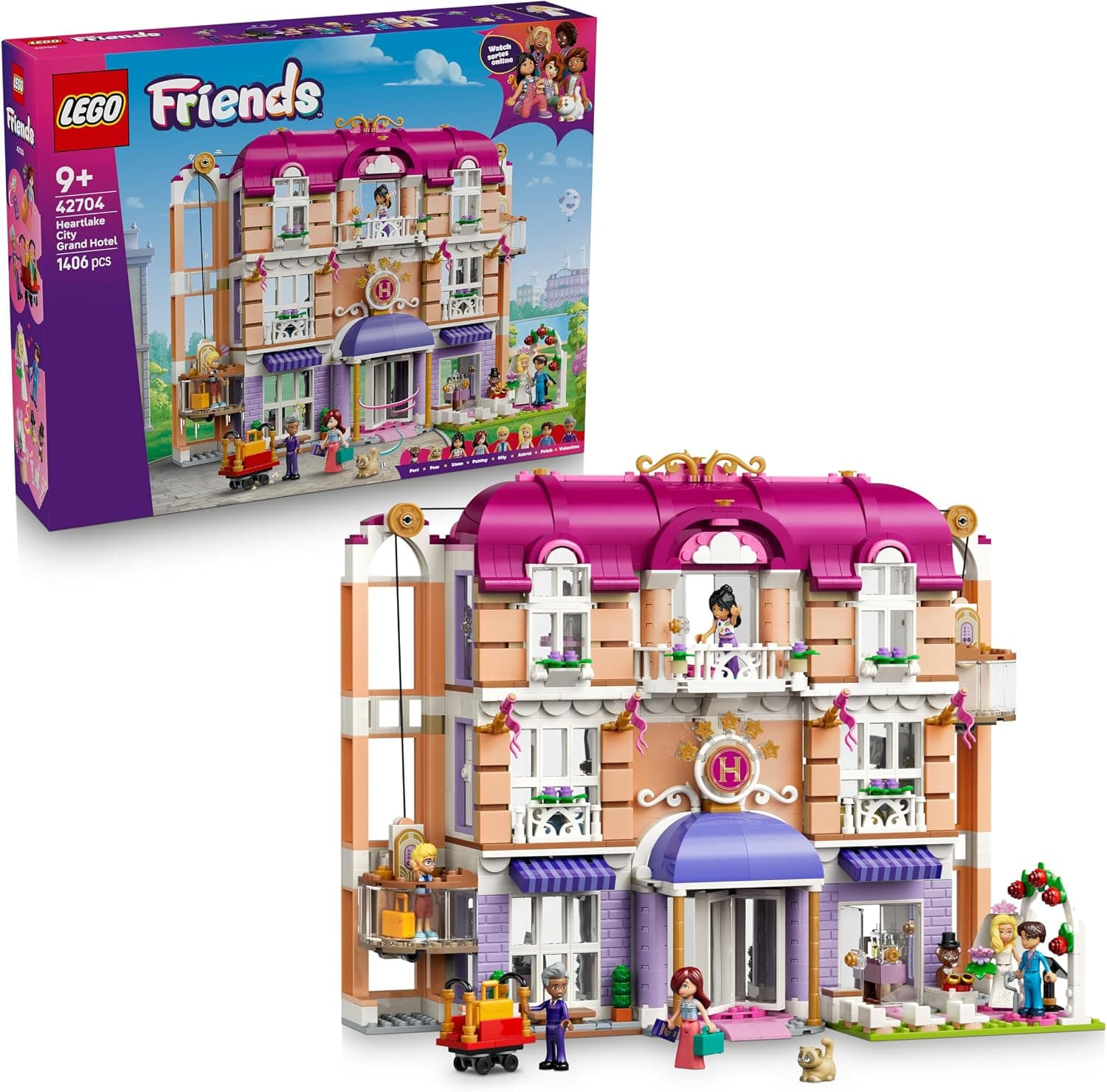 LEGO Friends Gran Hotel de Heartlake City de Juguete – Casa de Muñecas en Miniatura con 6 Mini Muñecos, 2 Figuras de Animales y Accesorios – Regalo de Cumpleaños para Niñas de 9+ Años – 42704