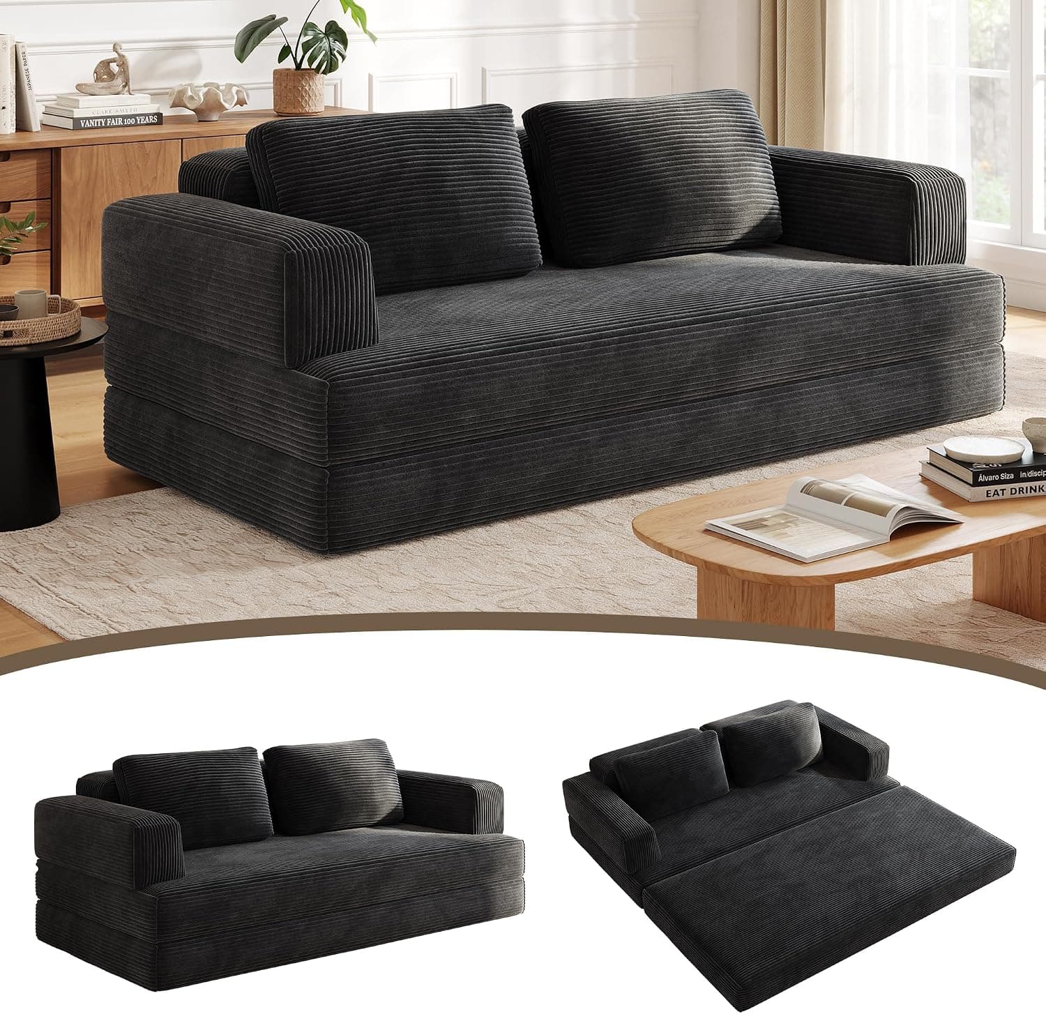 Sofá Esquinero Modular en L, Sofa 4 Plazas con función Cama y Chaise Longue Izquierda, Sofá Cama Chaise Longue (Negro)