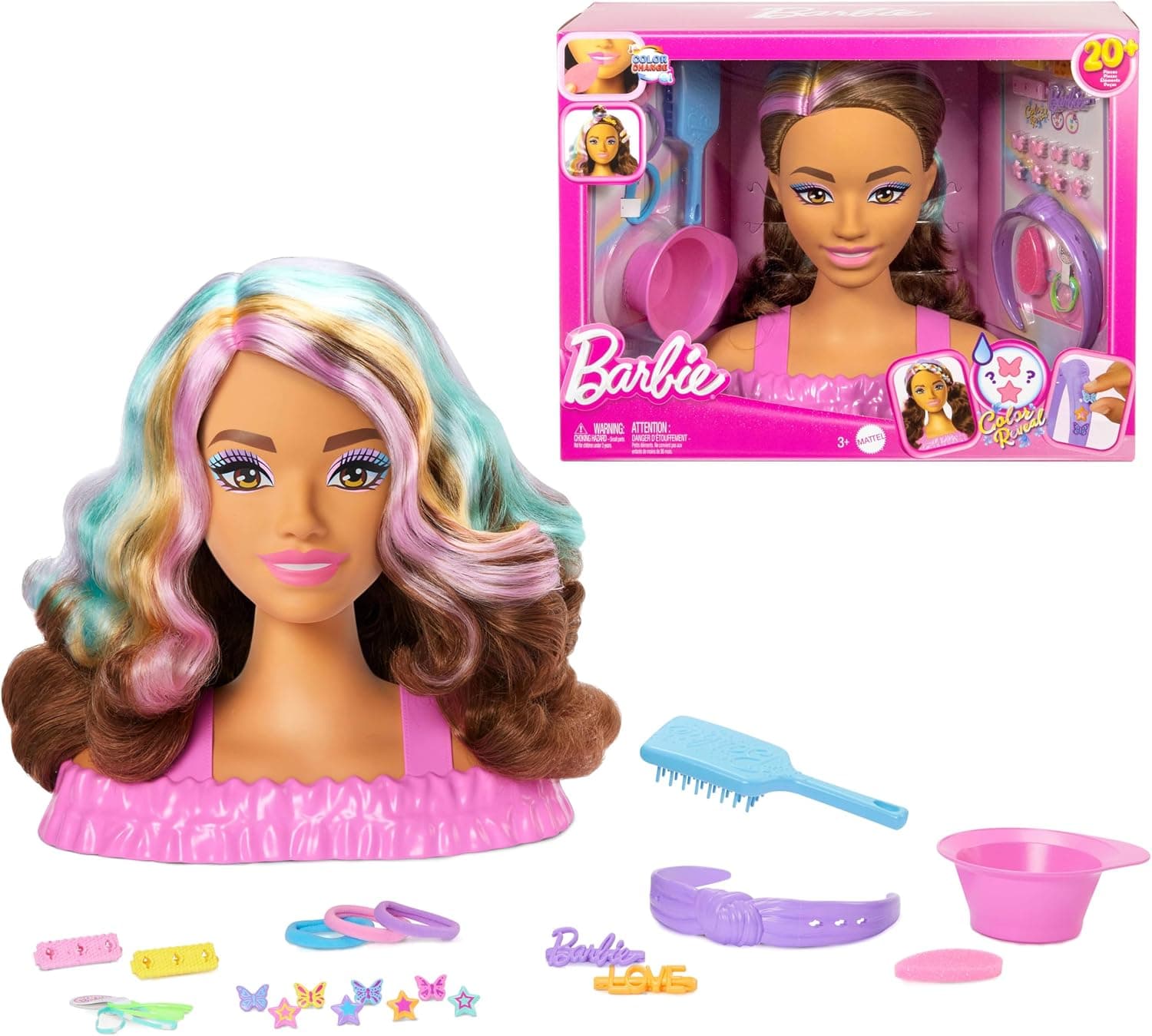 Barbie Busto para peinar, pelo marrón oscuro con más de 20 accesorios para hacer peinados, incluye pinzas para el pelo con forma de estrella y mariposa que cambian de color, JFG82