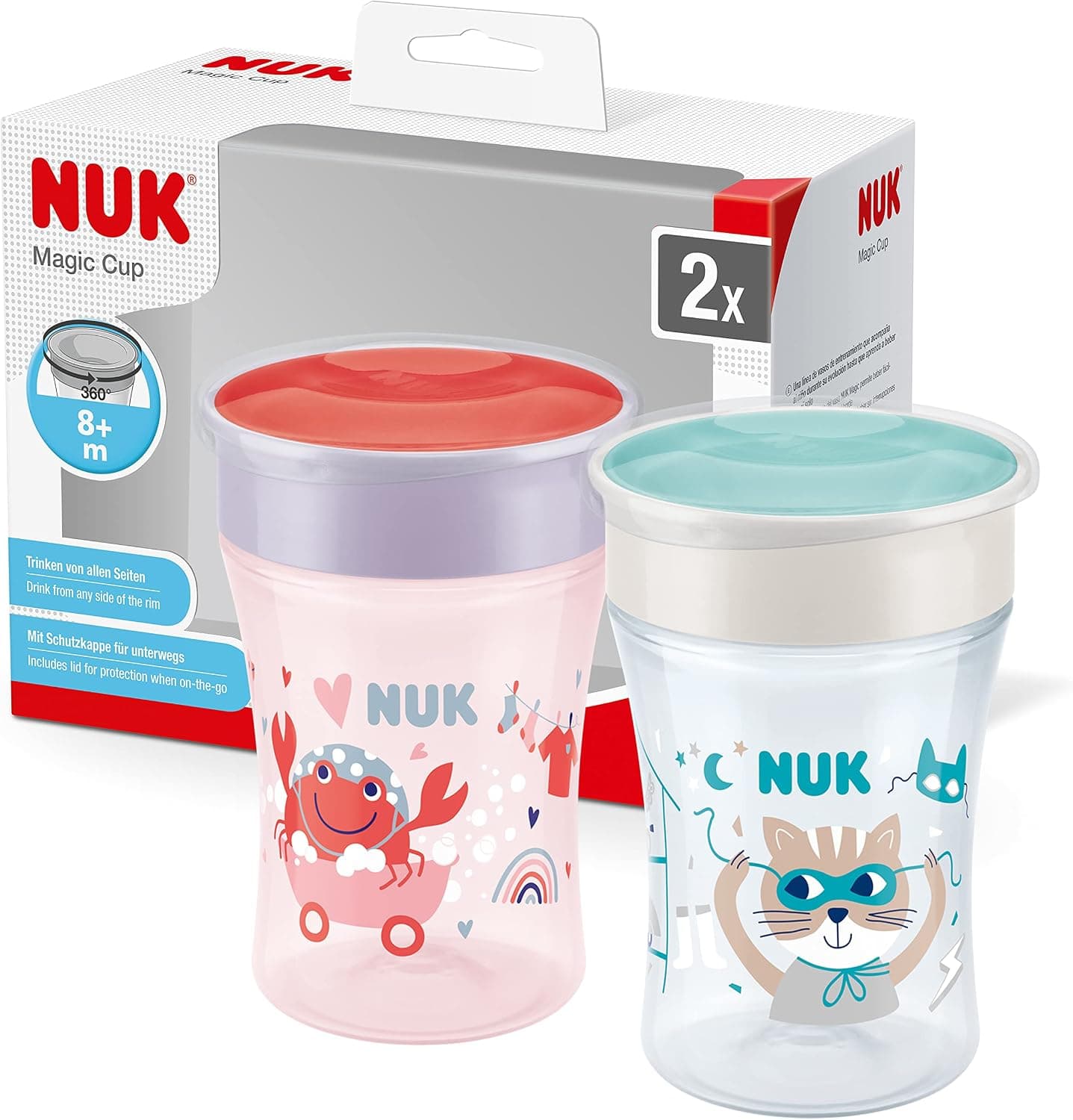 NUK Magic Cup vaso antiderrame bebe | Borde a prueba de derrames de 360° | +8 meses | Sin BPA | 230 ml | Cangrejo (morado) | 2 unidades