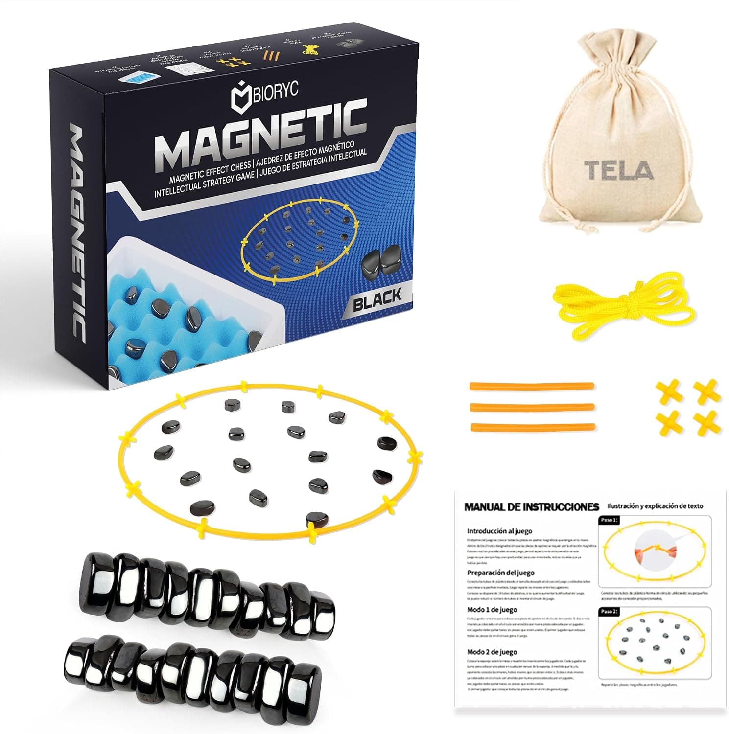 Ajedrez Magnético Negro con 20 imanes. Incluye Bolsa de Transporte de Tela, Tablero de Esponja y Accesorios. Juegos de Mesa. Juego de Imanes