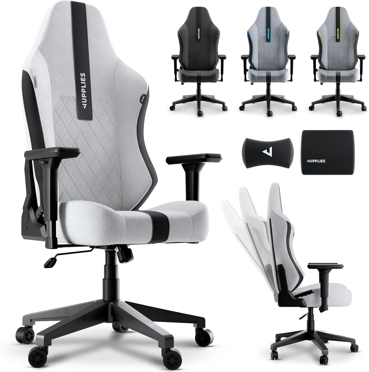 JUPPLIES Silla Gaming Premium Ergonómica – Sillas Gamer con Lino Transpirable, Reclinable 160°, Cojín Viscoelástico, Reposabrazos 4D y Base Hierro Reforzada (Blanca)