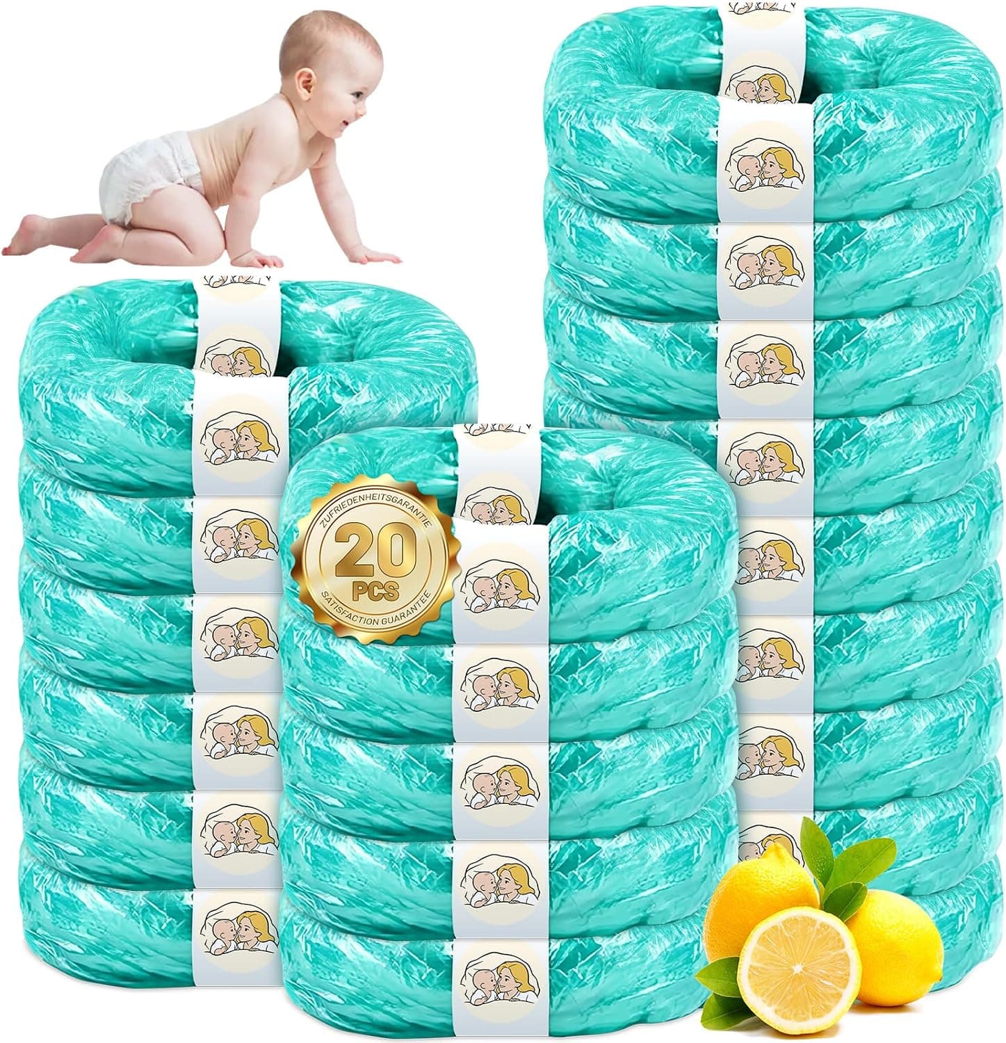 20 Piezas Recambios Cubos de Pañales, Recambios ORIGINALES, Papelera Pañales ORIGINALES, Aroma a limón, Capacidad Extragrande de 4,5 Metros, Compatible Con Todos