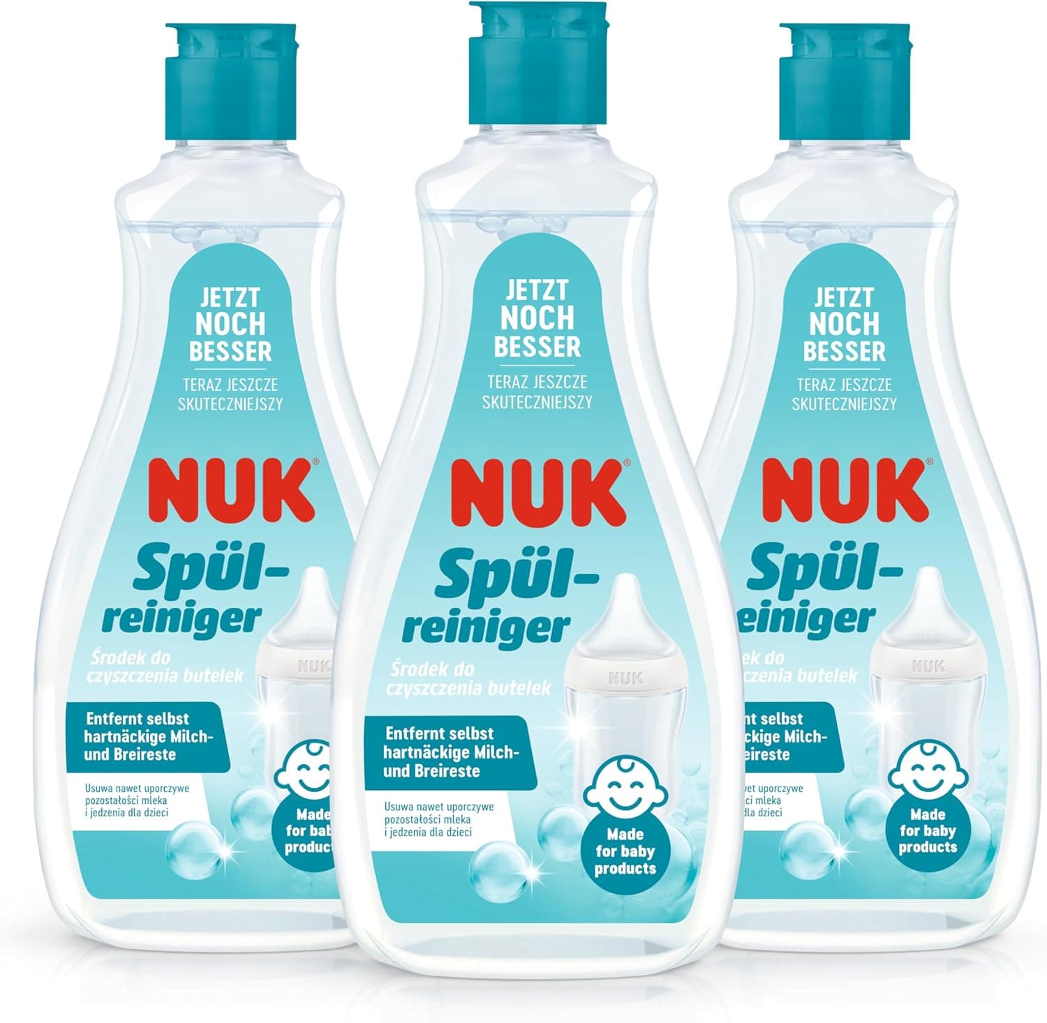 NUK Detergente para biberones | 500 ml | Ideal para limpiar biberones, tetinas y accesorios | Producto sin fragancias | pH neutro | Biberón 100 % reciclable | 3 unidades