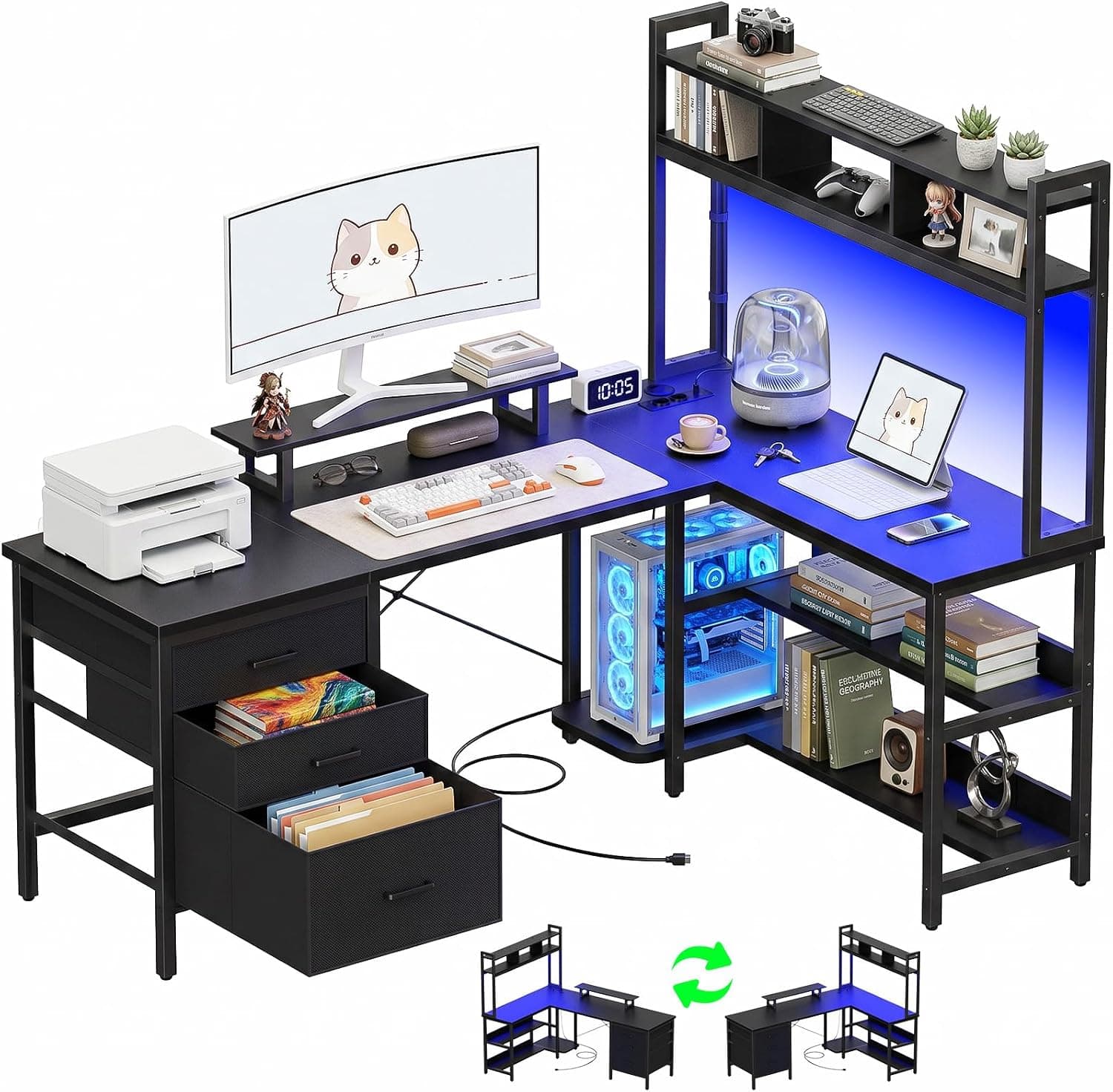 Homieasy Mesa Gaming en L 150cm con LED, Enchufes y Cajones, Negro
