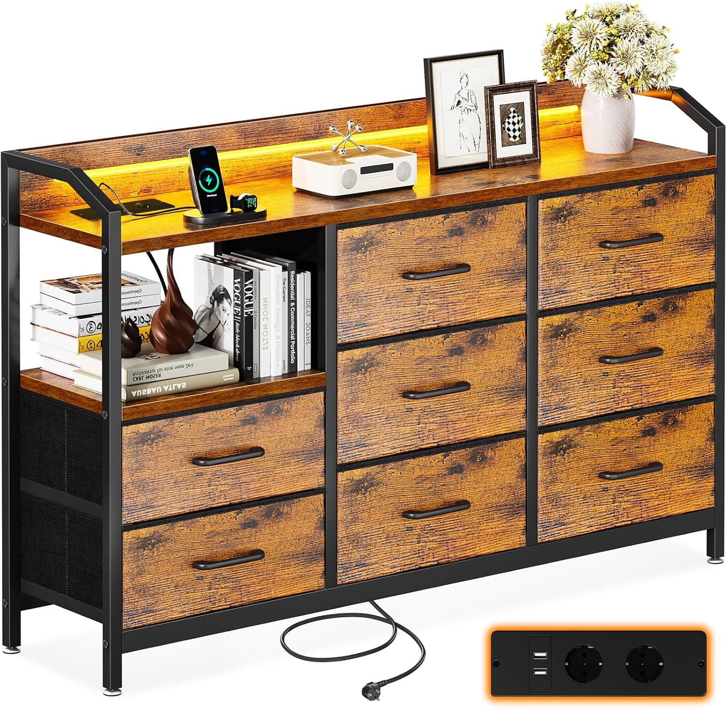 ODK Comoda Dormitorio, con LED, 2 enchufes y 2 USB, con 8 Cajones de Tela