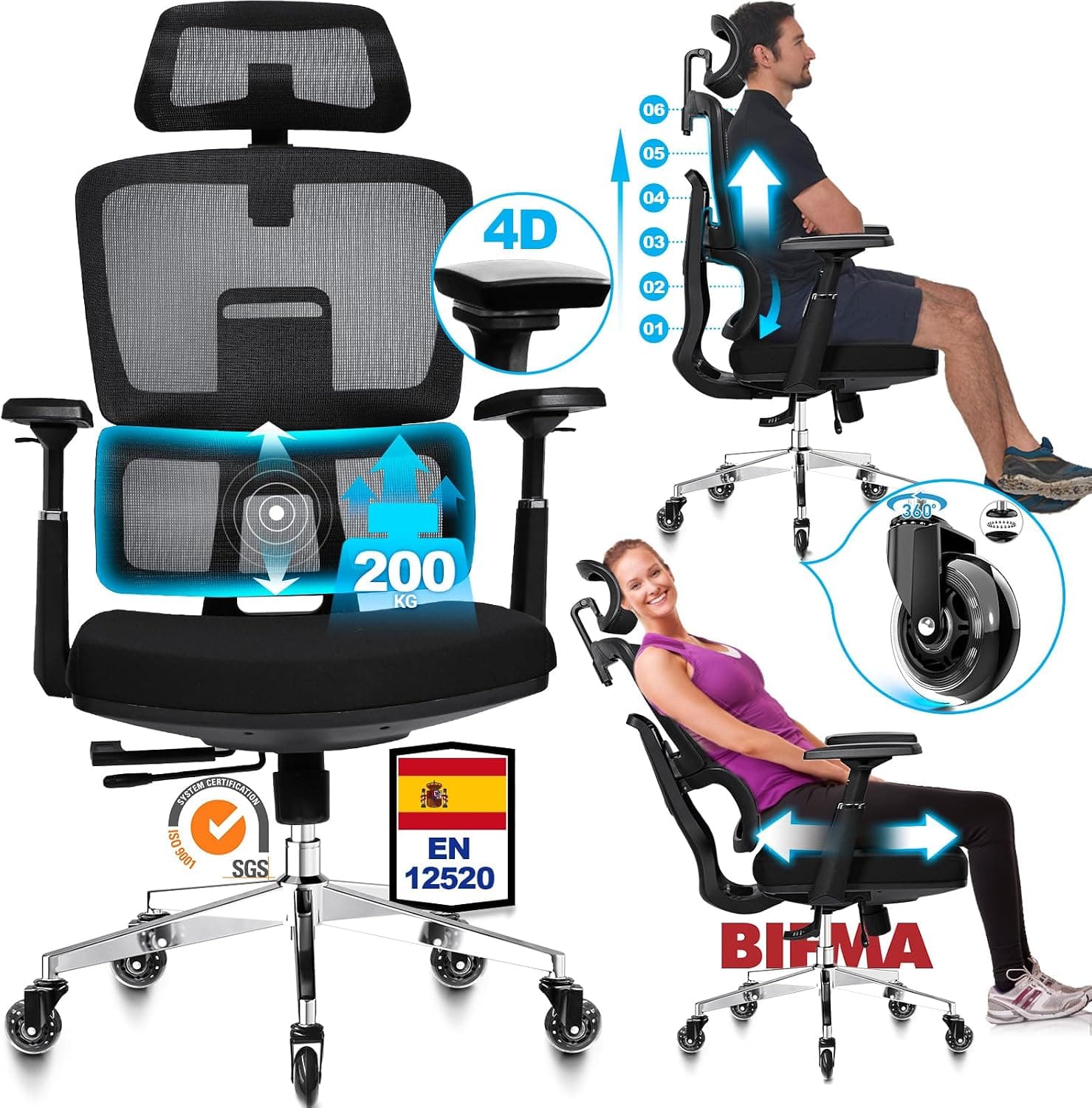 MELOKEA Silla de Oficina Ergonómica 200 kg | Respaldo Ajustable 6P | Reposabrazos 4D | Ruedas de Goma Silenciosas | Profundidad del Asiento Ajustable | Silla de Escritorio para Personas Grandes