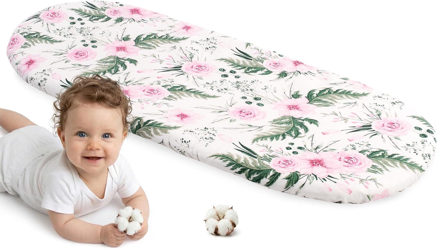 Medi Partners Sabanas Cuna Bebe 86x40 Sabana Bajera Capazo Funda Colchon Combiador para Carro - 100% Algodón Universal Minicuna Moises Sábanas Carrito (Flores Rosadas)