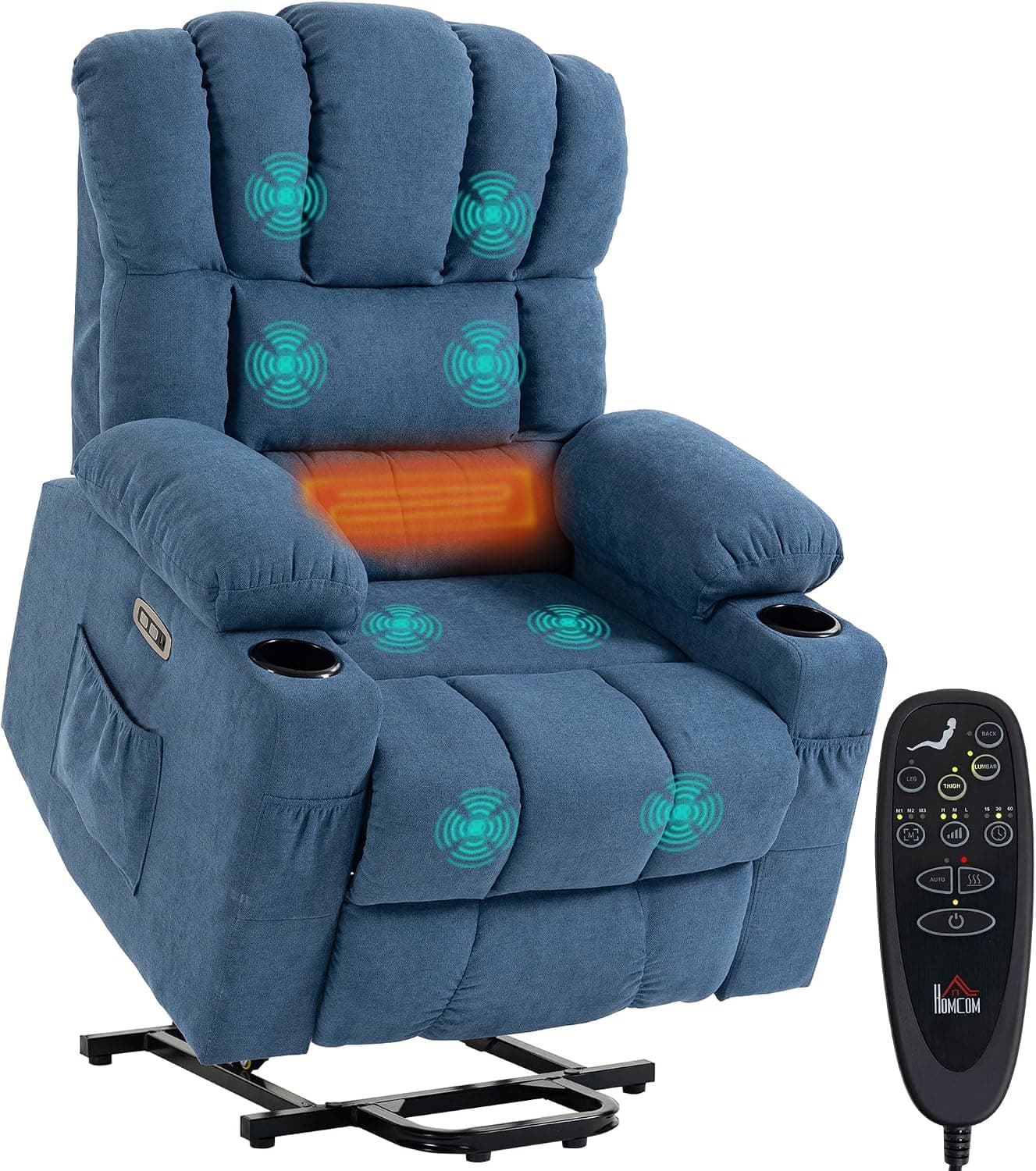HOMCOM Sillón Relax Reclinable Eléctrico Levanta Personas con Masaje Azul